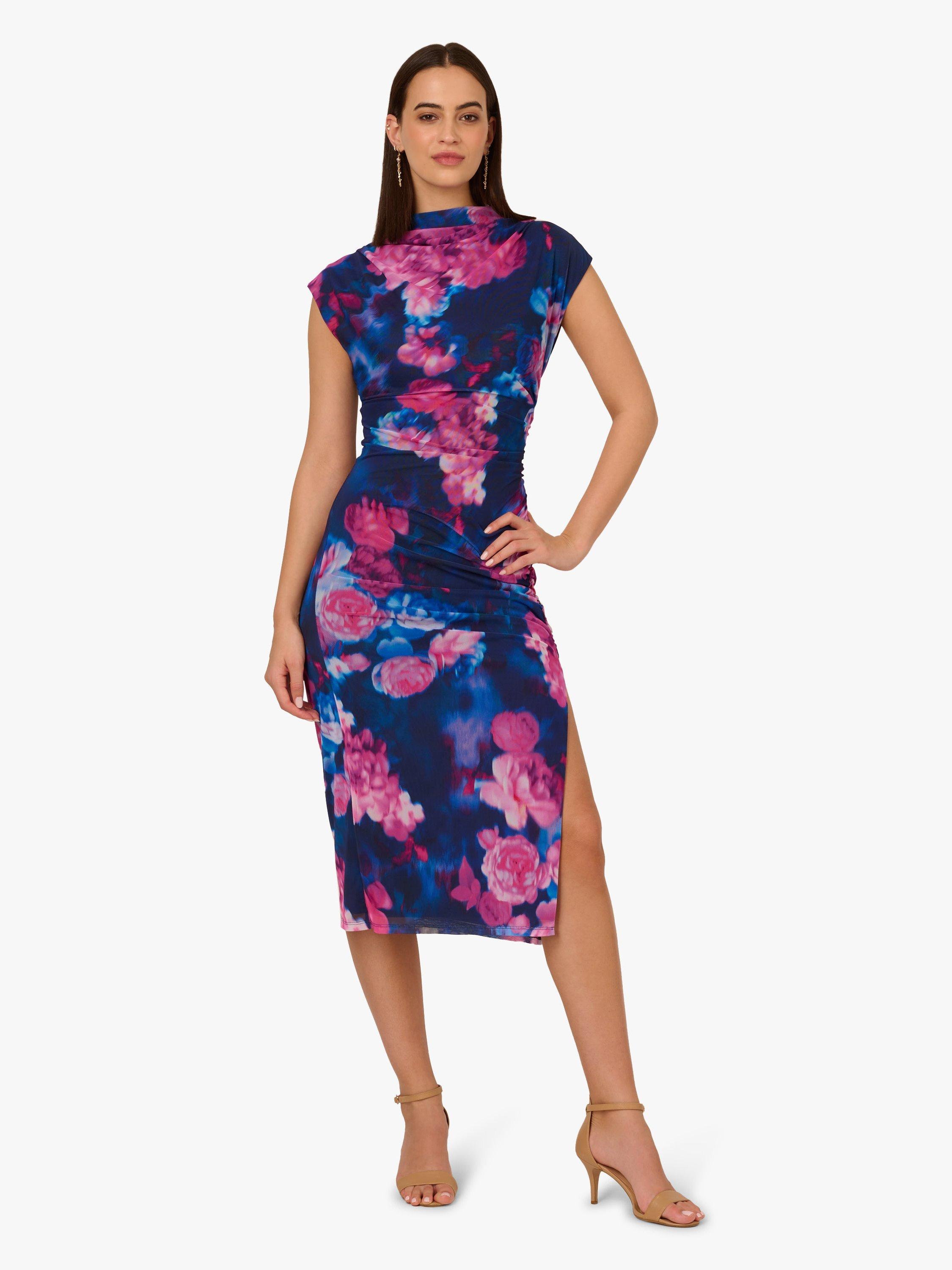 Product image 1 of 6, which shows Adrianna Papell Floral Mesh Drape Dress, Navy/Pink, L