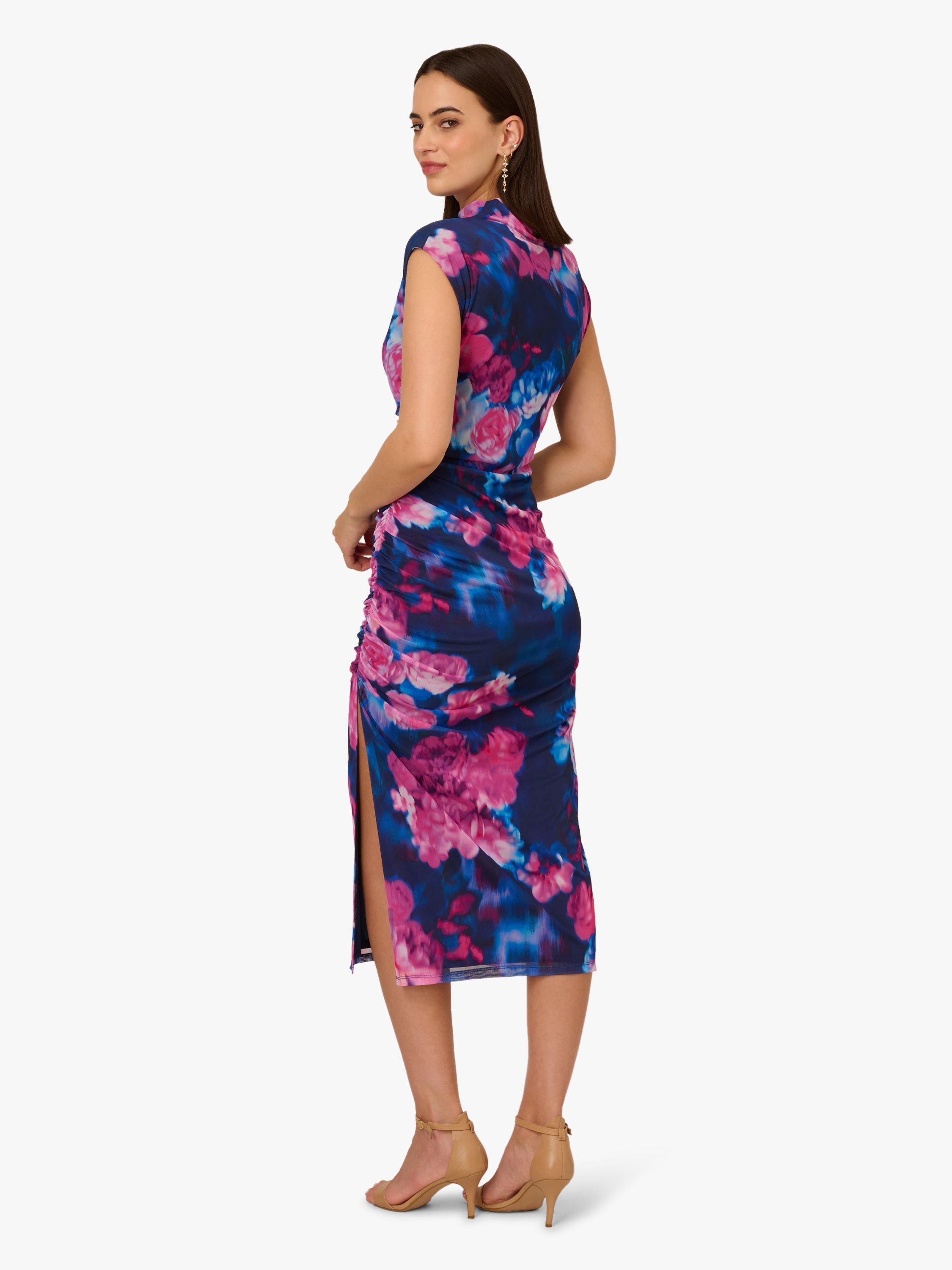 Product image 2 of 6, which shows Adrianna Papell Floral Mesh Drape Dress, Navy/Pink, L
