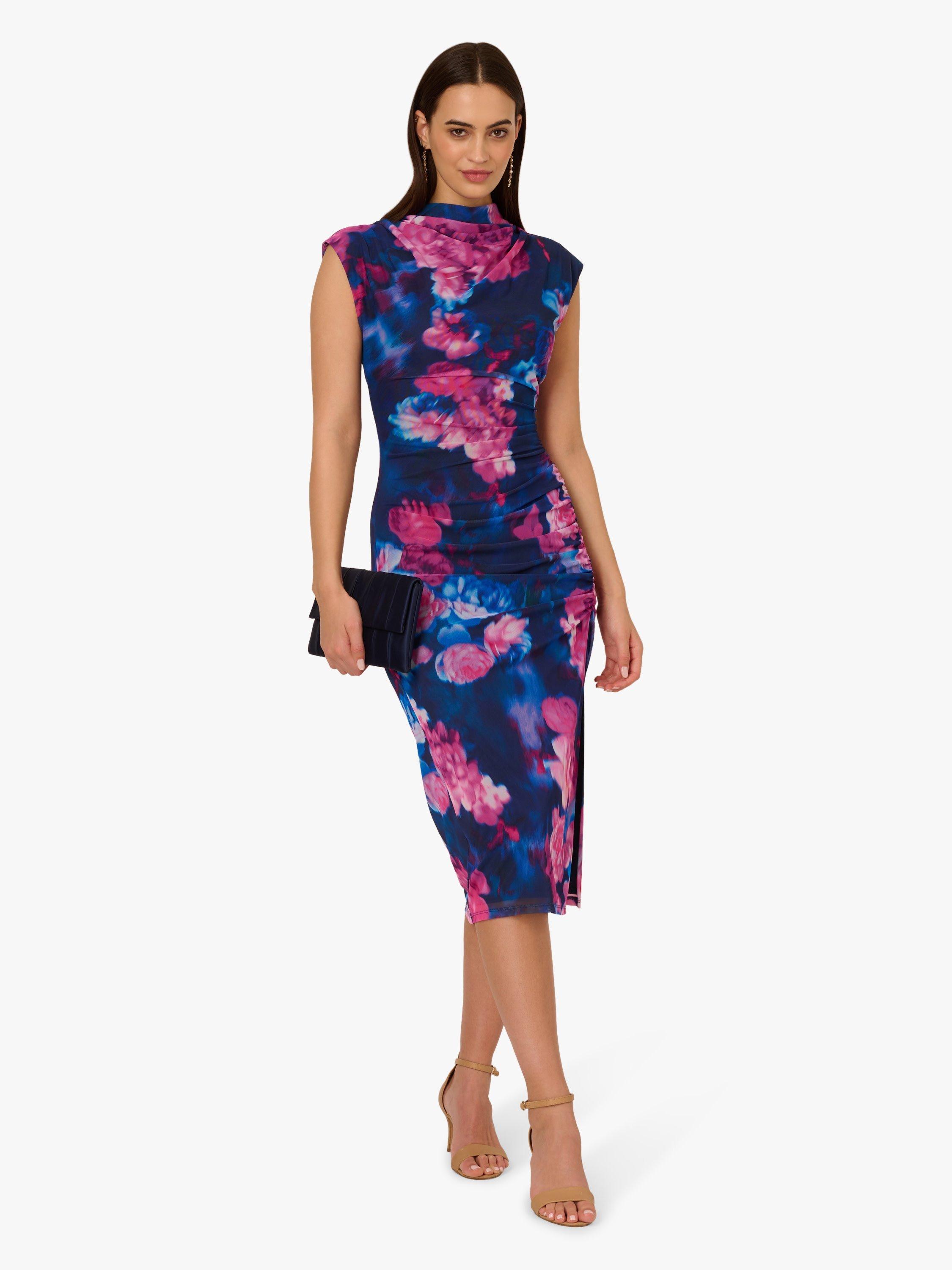 Product image 3 of 6, which shows Adrianna Papell Floral Mesh Drape Dress, Navy/Pink, L
