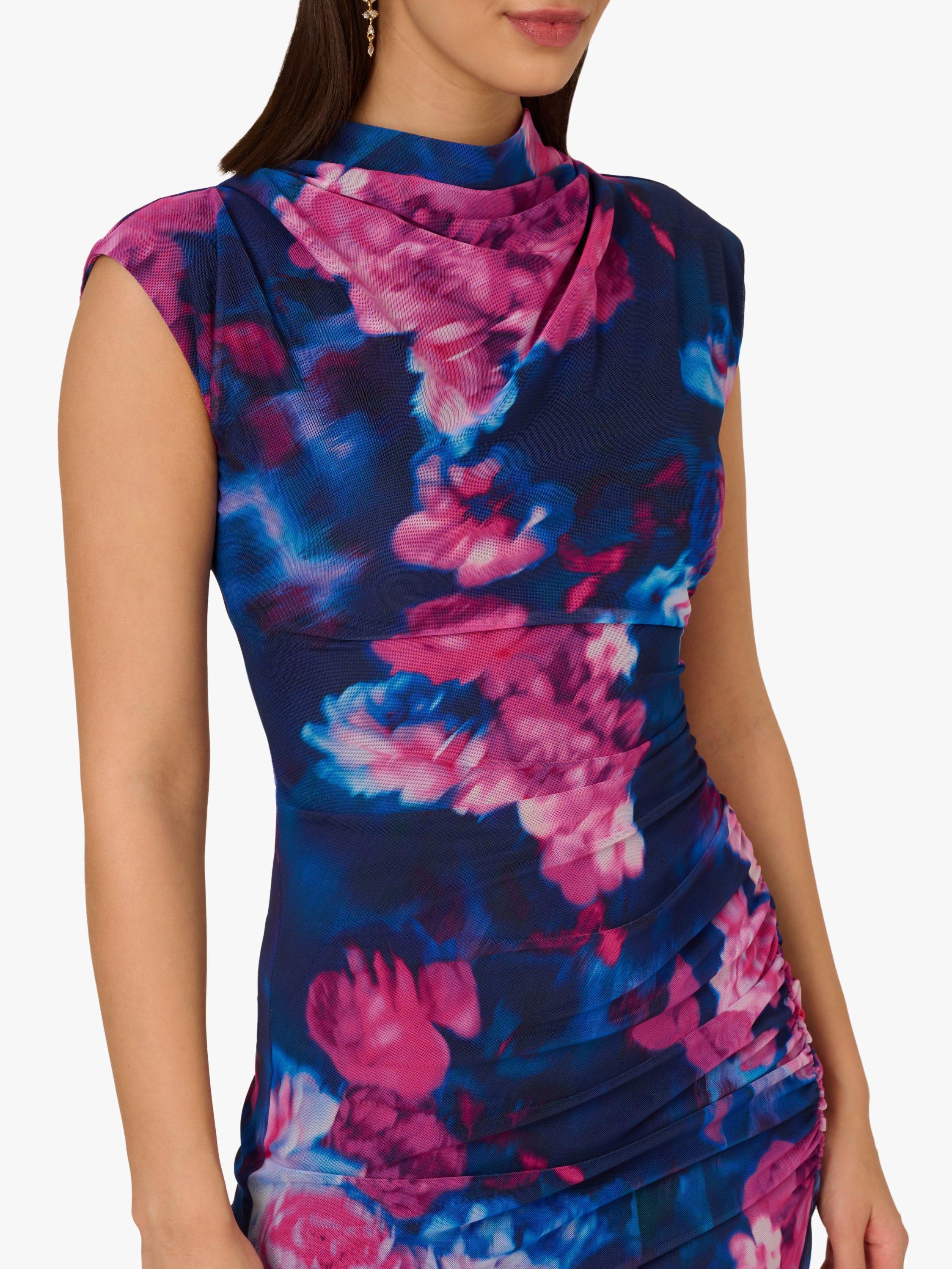 Product image 4 of 6, which shows Adrianna Papell Floral Mesh Drape Dress, Navy/Pink, L