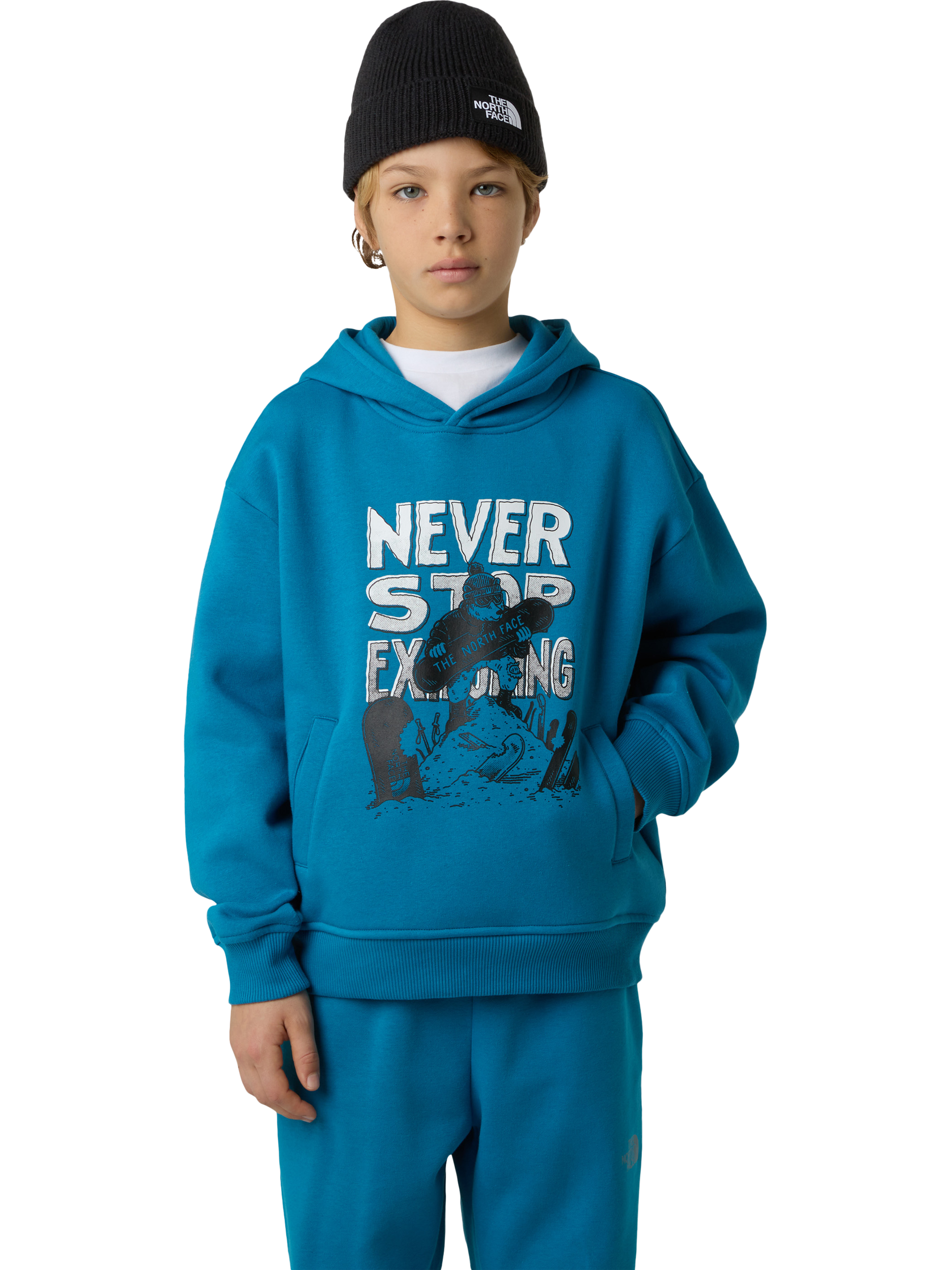Product image 1 of 7, which shows The North Face Kids Cotton Blend Sports Oversized Hoodie, Dusk Blue, XS