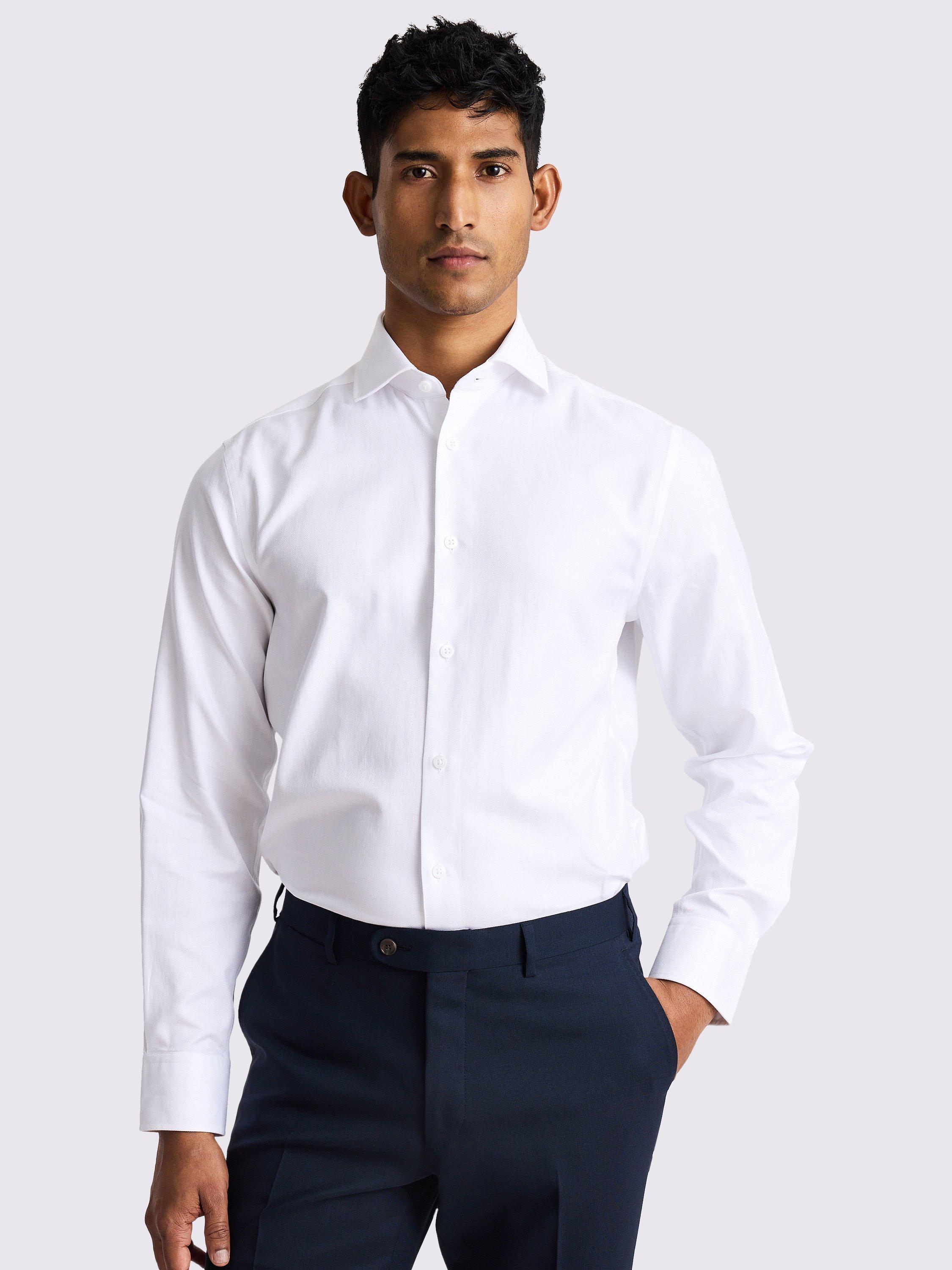 Product image 1 of 4, which shows Moss Tailored Fit White Herringbone Shirt, White, 13.5