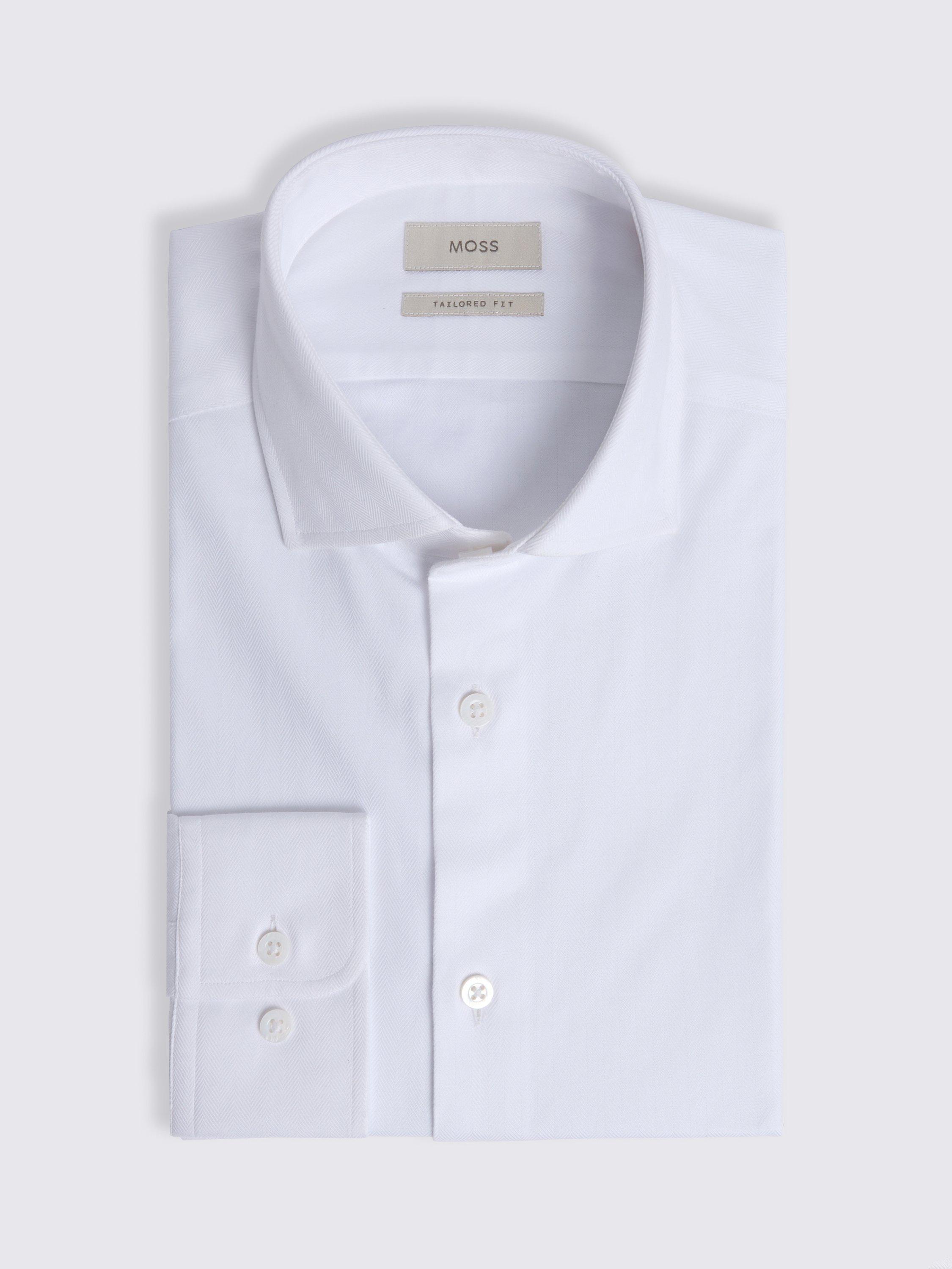 Product image 4 of 4, which shows Moss Tailored Fit White Herringbone Shirt, White, 13.5