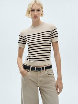 Mango Short Sleeve Stripe Print Jumper, Brown/Multi, Brown/Multi