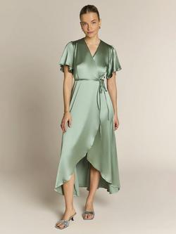 Rewritten Florence Waterfall Hem Satin Wrap Dress, Sage Green