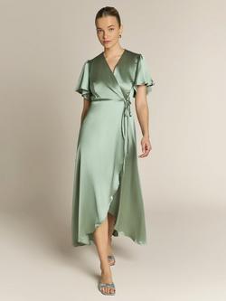 Rewritten Florence Waterfall Hem Satin Wrap Dress - view 2, Sage Green
