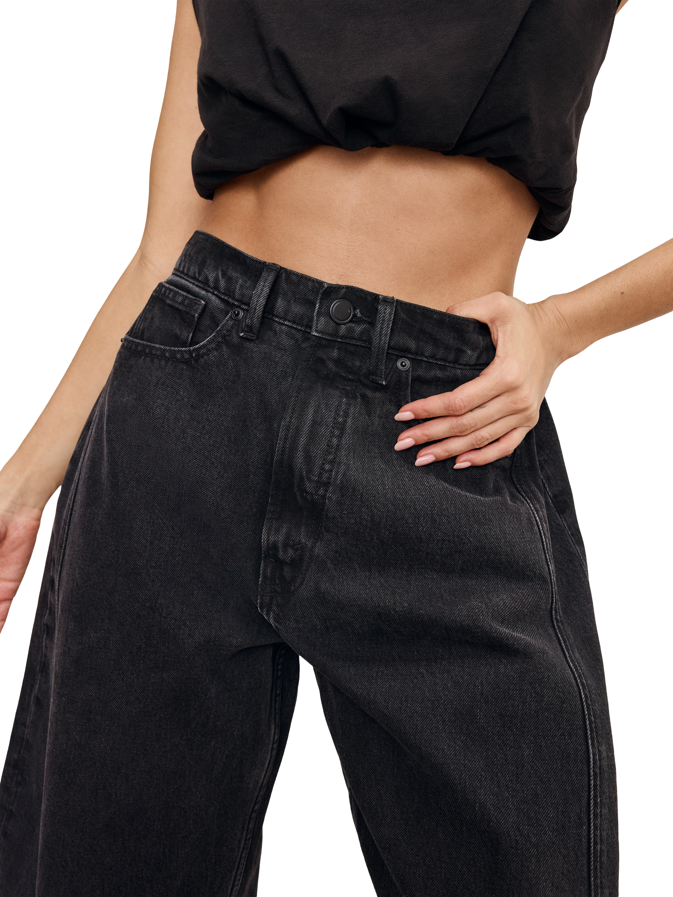 Product image 3 of 5, which shows Good American Good Extreme Barrel Leg Relaxed Jeans, Black, 24