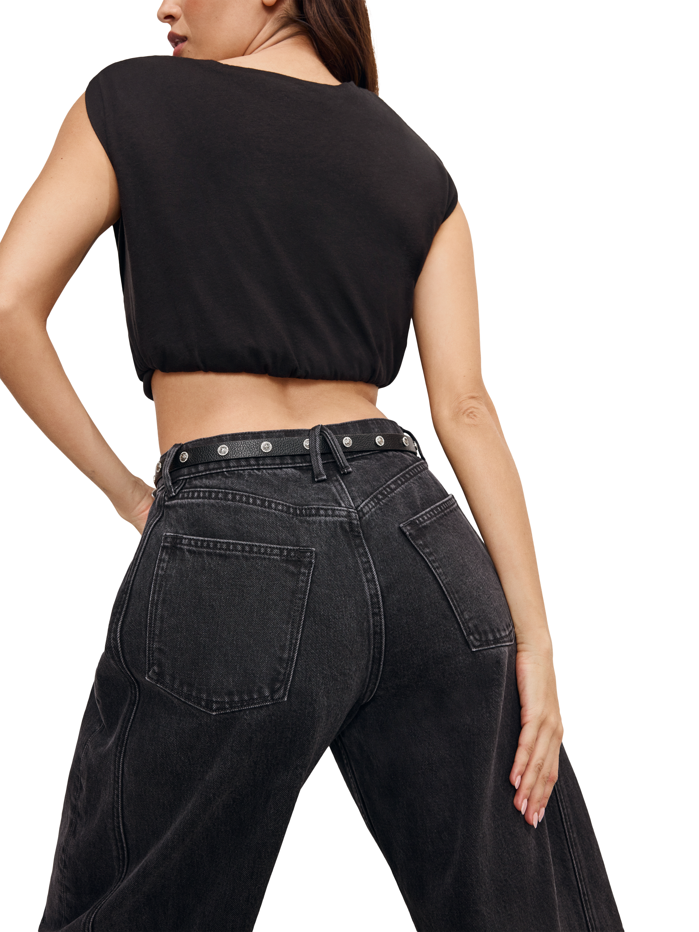 Product image 4 of 5, which shows Good American Good Extreme Barrel Leg Relaxed Jeans, Black, 24