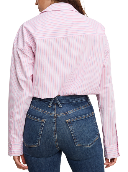 Good American Striped Poplin Cotton Blend Bubble Shirt, Pink - view 2, Pink