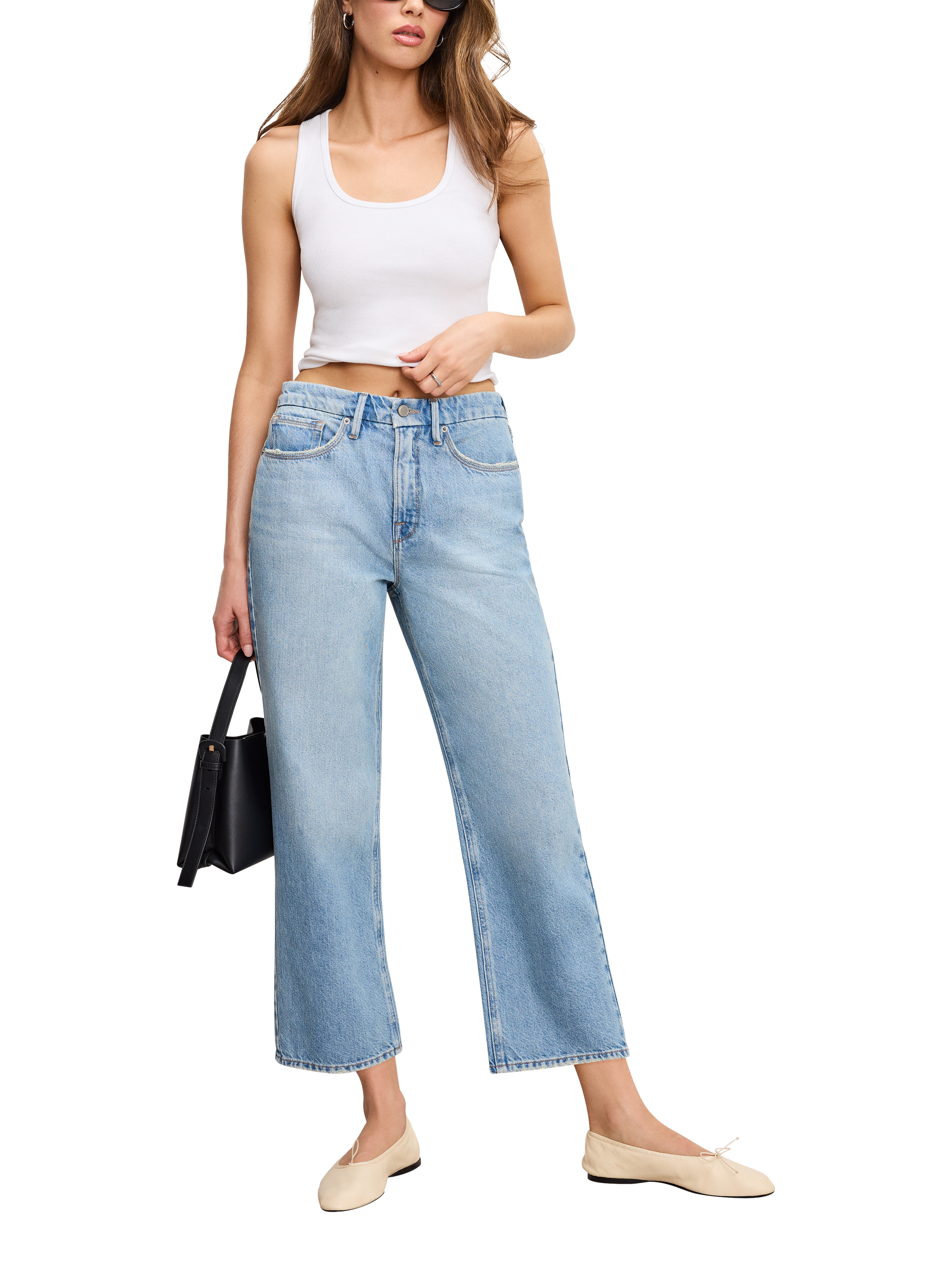 Product image 1 of 5, which shows Good American '90s Crop Relaxed Retro Mid-Rise Cotton Denim Jeans, Indigo, 24