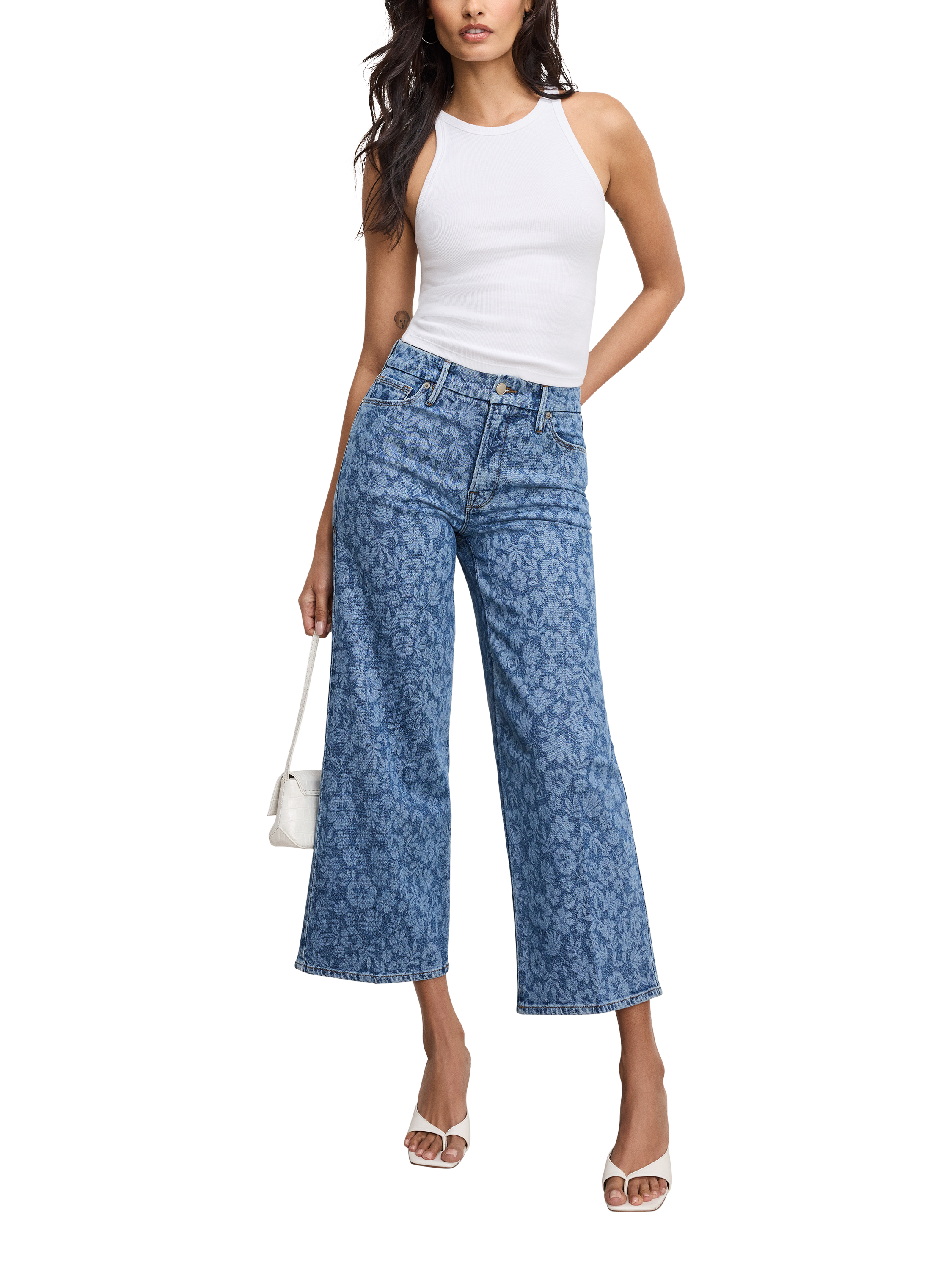 Product image 1 of 5, which shows Good American Good Waist Floral Cropped Palazzo Cotton Denim Jeans, Blue Multi, 24