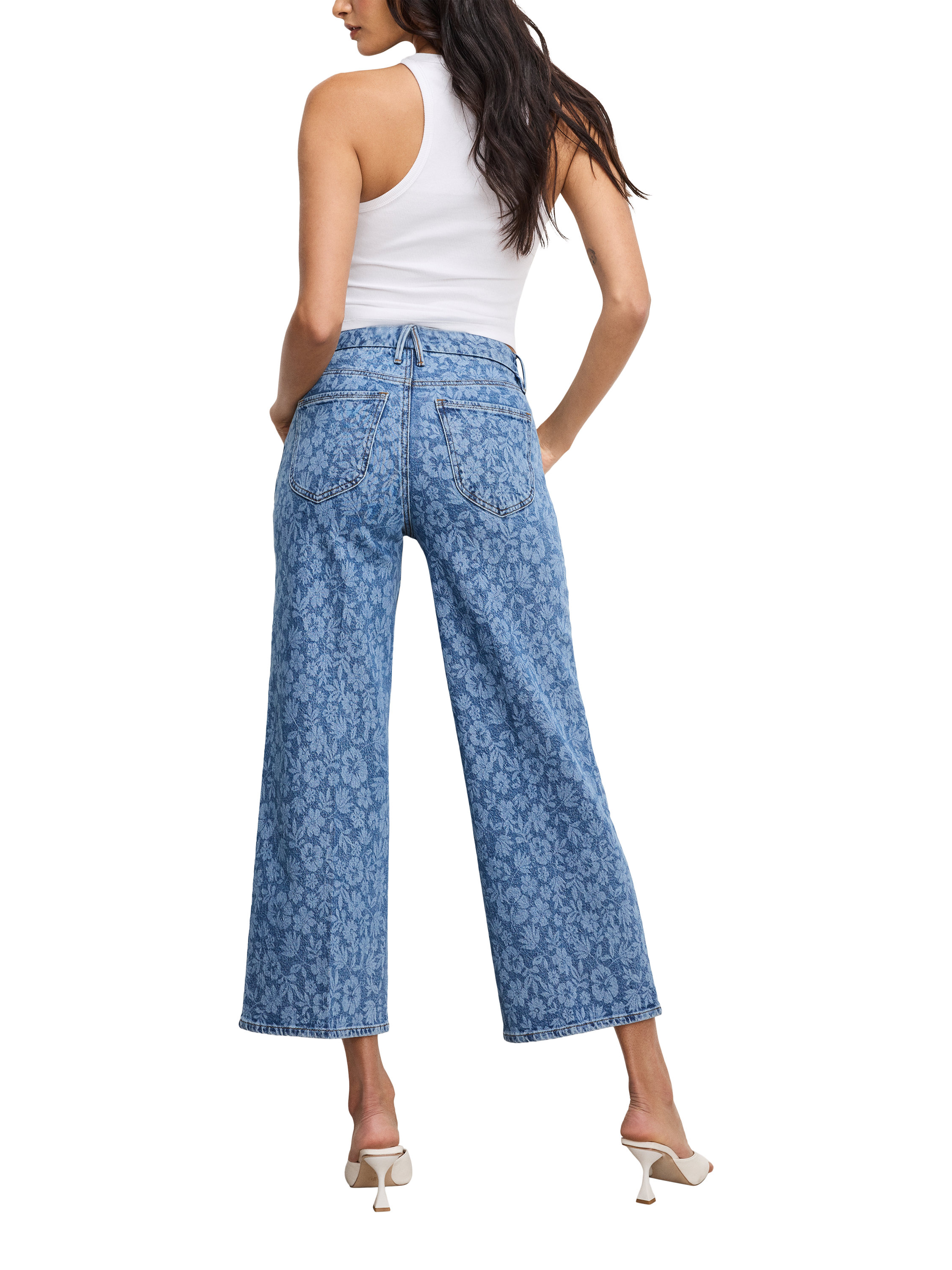 Product image 2 of 5, which shows Good American Good Waist Floral Cropped Palazzo Cotton Denim Jeans, Blue Multi, 24