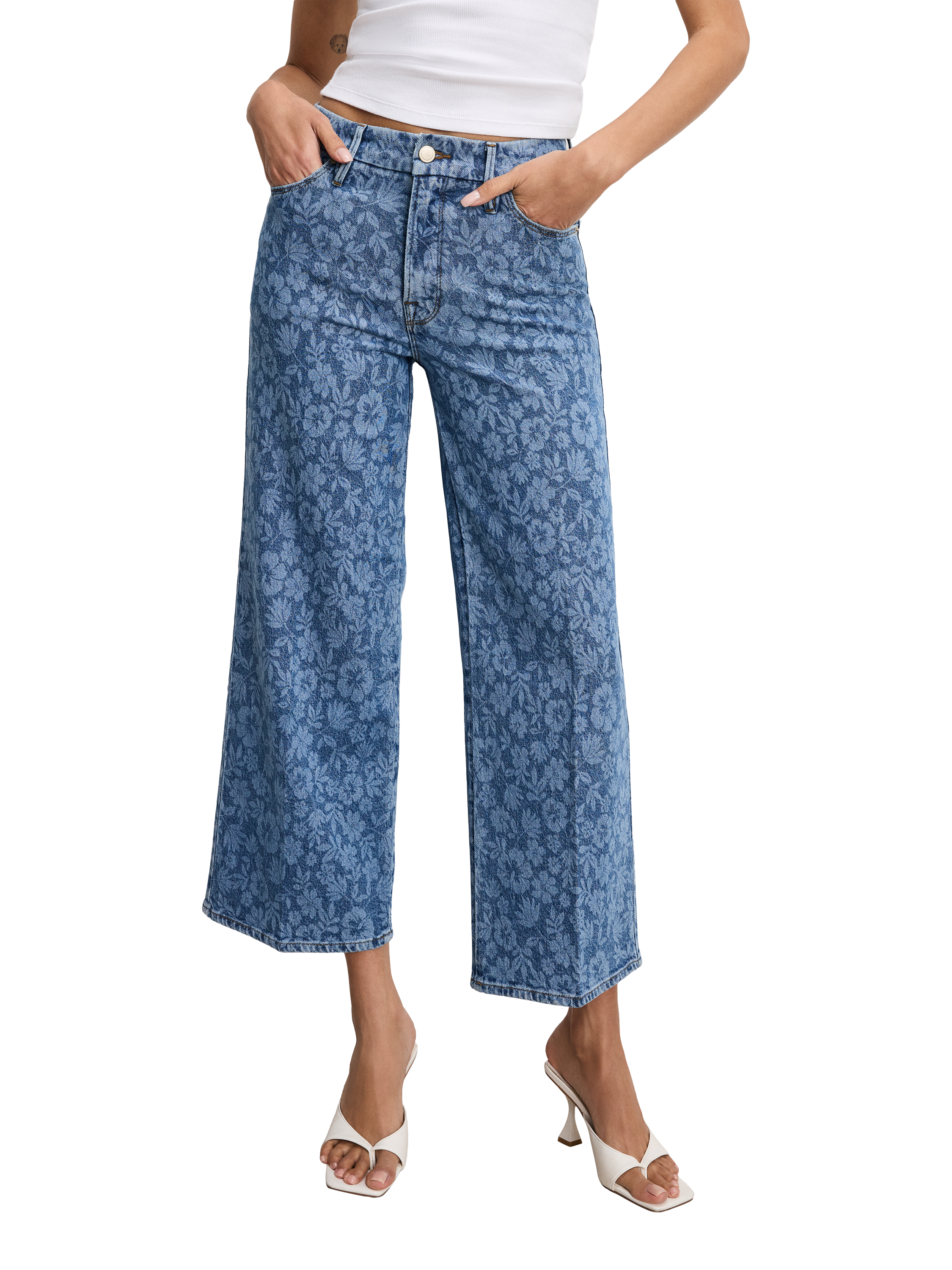 Product image 3 of 5, which shows Good American Good Waist Floral Cropped Palazzo Cotton Denim Jeans, Blue Multi, 24