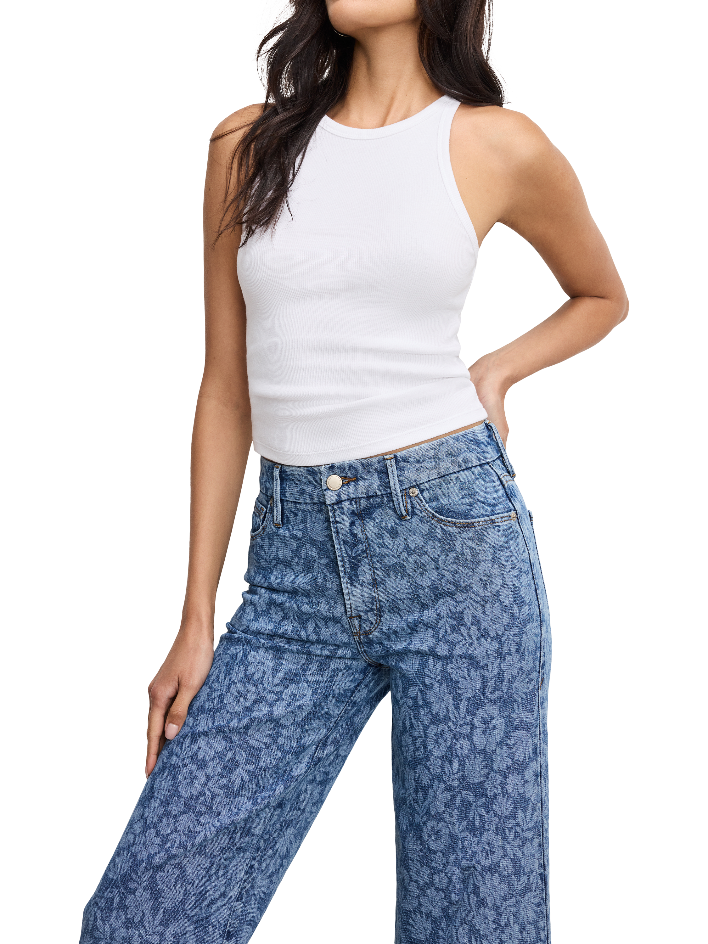 Product image 4 of 5, which shows Good American Good Waist Floral Cropped Palazzo Cotton Denim Jeans, Blue Multi, 24