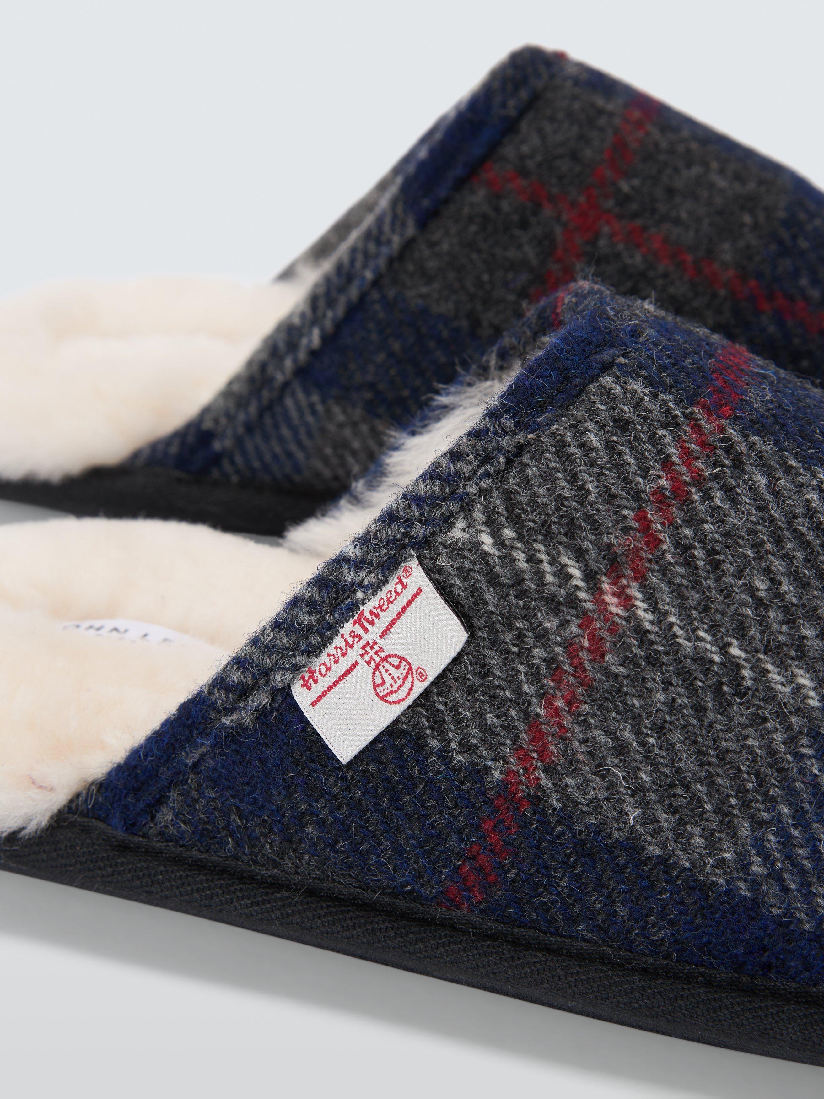 Product image 4 of 6, which shows John Lewis Harris Tweed Slip-On Mule Slippers, Multi Check Navy, 7