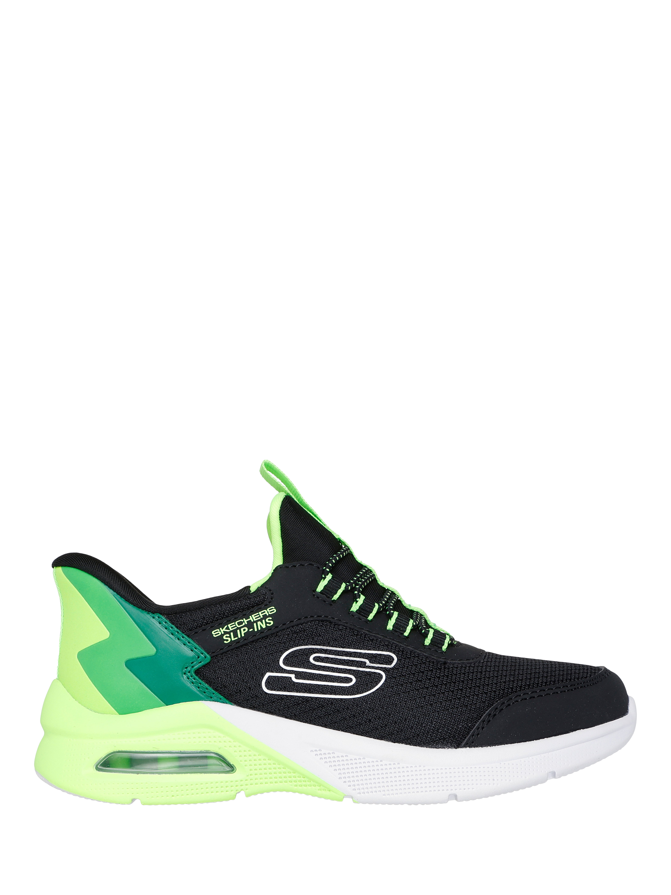 Product image 1 of 5, which shows Skechers Kids' Slip-In Microspec Max Trainers, Black/Lime, EU27