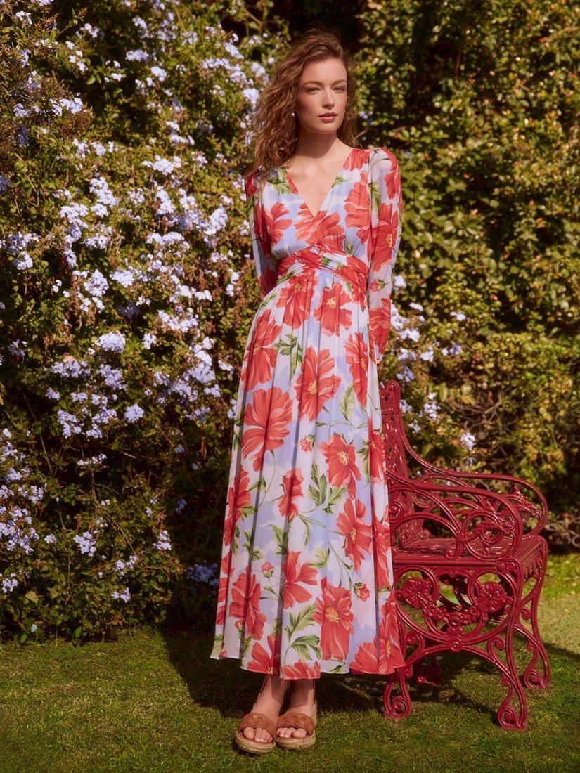 Product image 1 of 5, which shows Hobbs Amelie Floral Maxi Dress, Blue/Red, 10