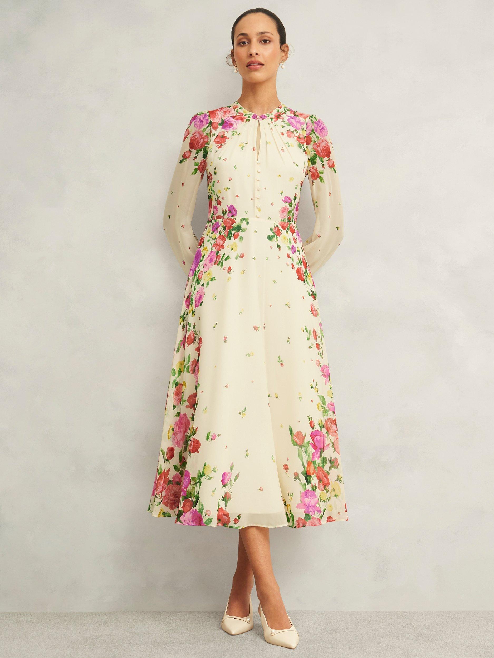 Product image 1 of 6, which shows Hobbs Petite Eva Placement Floral Pure Silk Dress, Cream/Multi, 12