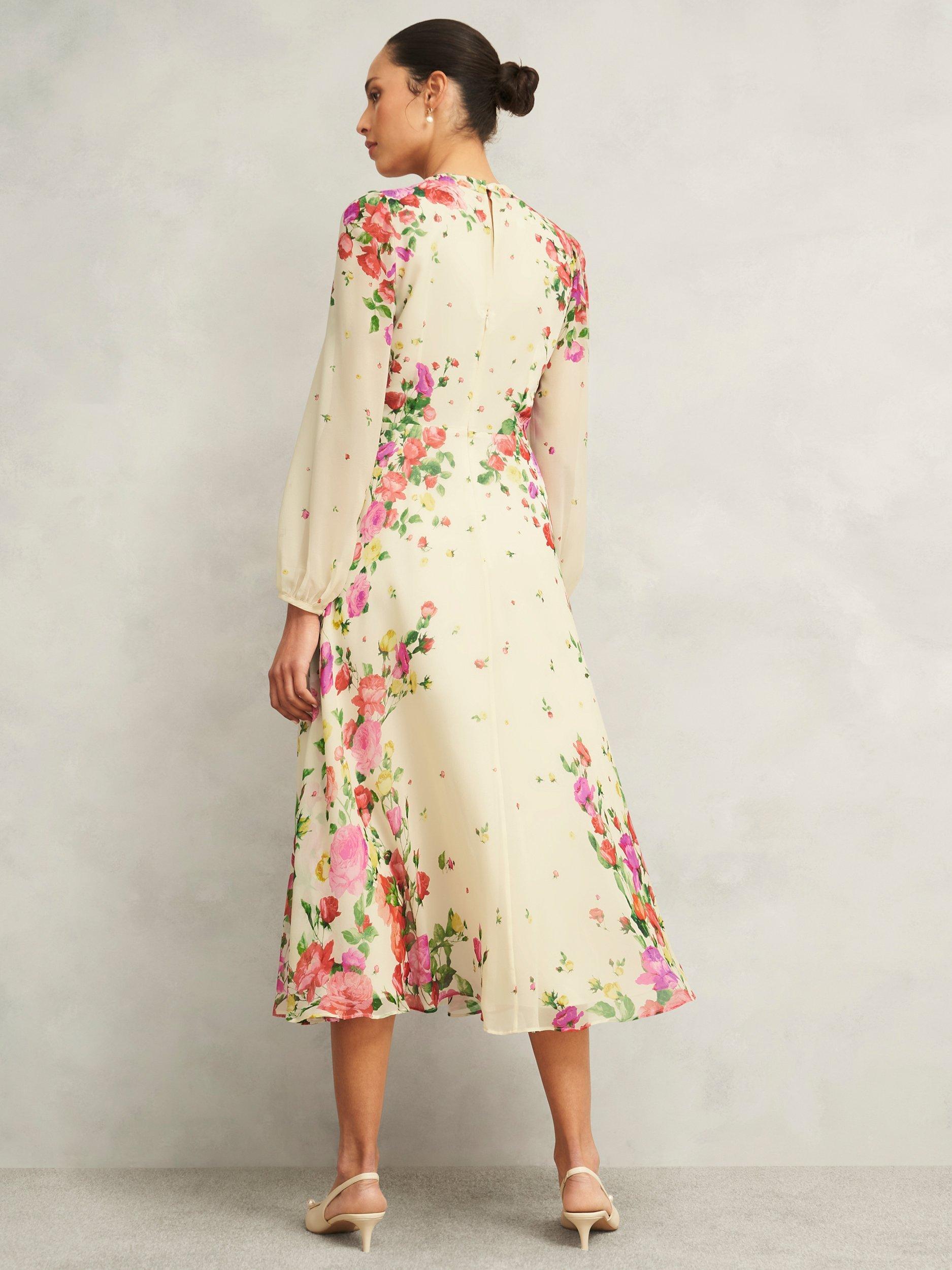 Product image 2 of 6, which shows Hobbs Petite Eva Placement Floral Pure Silk Dress, Cream/Multi, 12