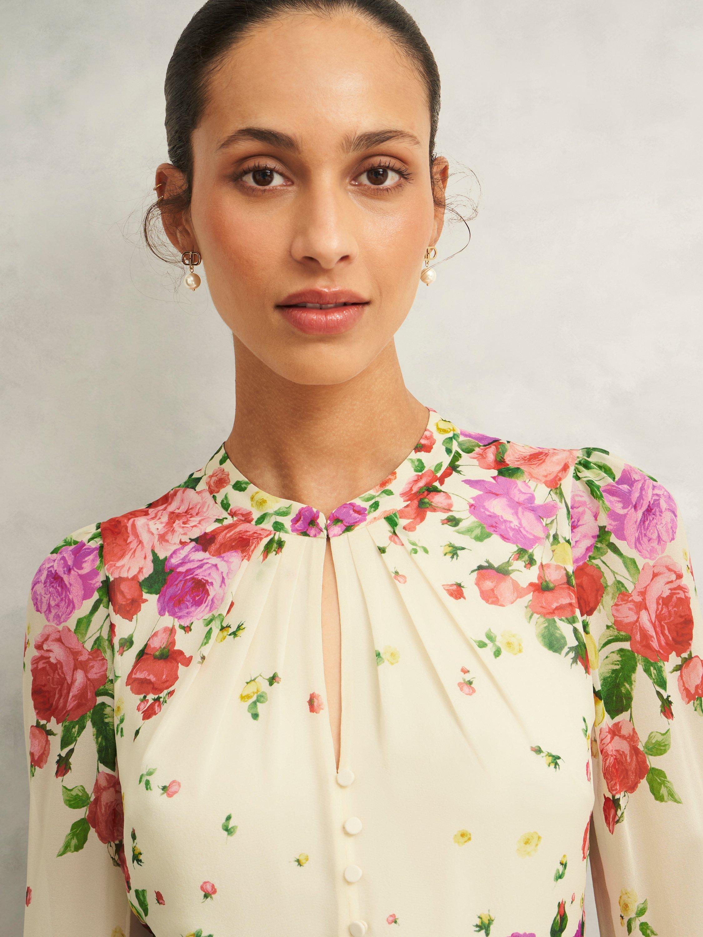 Product image 3 of 6, which shows Hobbs Petite Eva Placement Floral Pure Silk Dress, Cream/Multi, 12