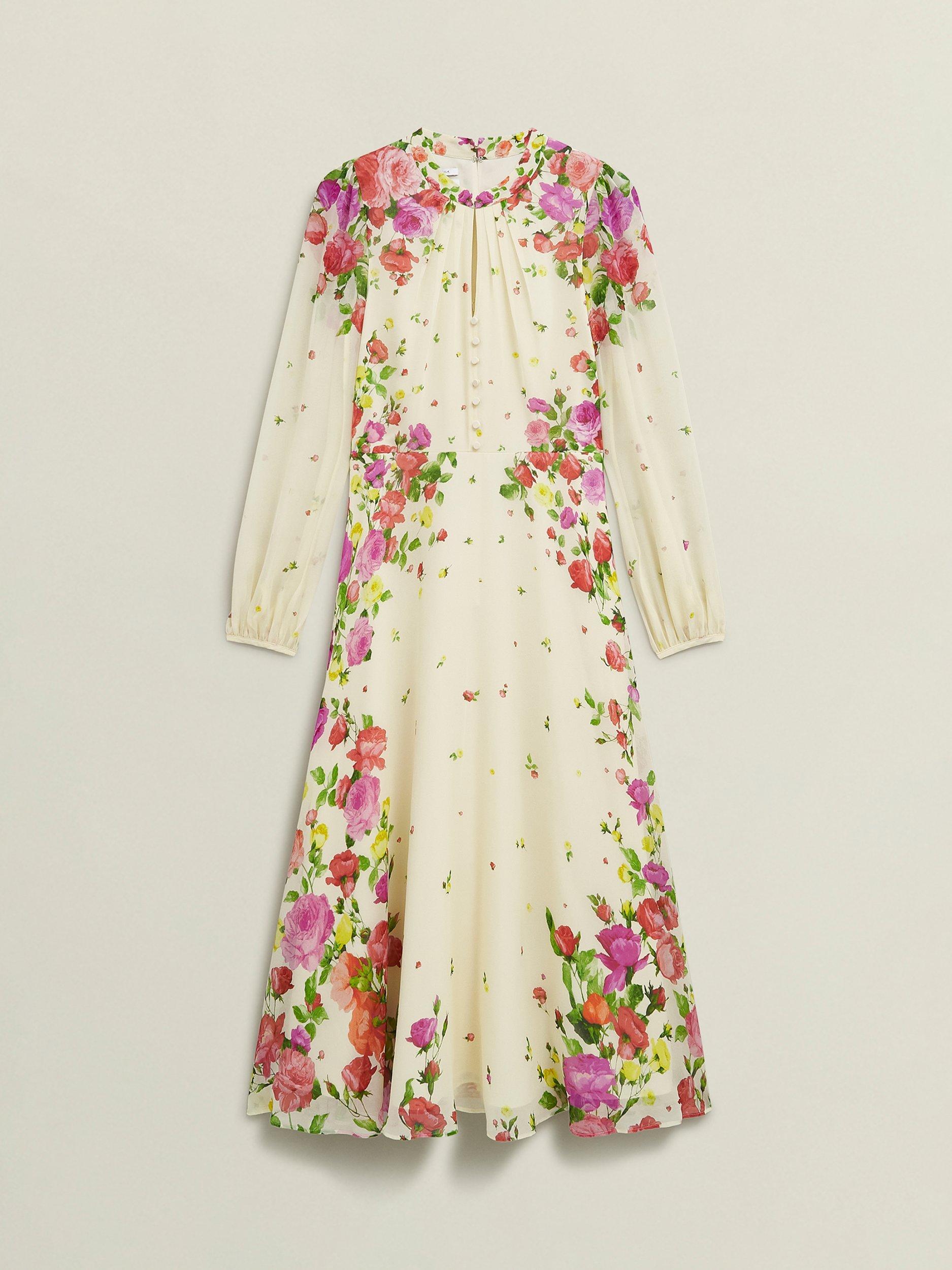 Product image 4 of 6, which shows Hobbs Petite Eva Placement Floral Pure Silk Dress, Cream/Multi, 12