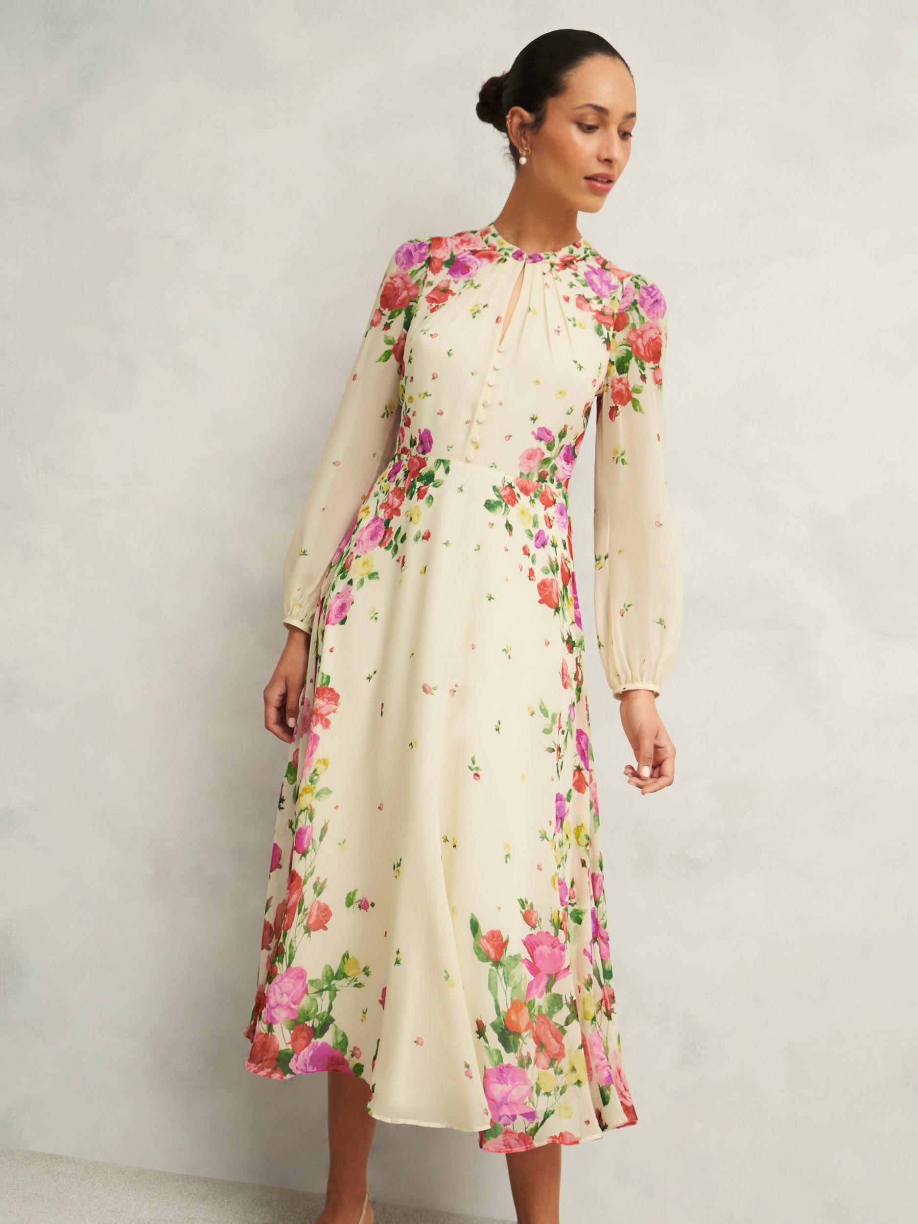 Product image 5 of 6, which shows Hobbs Petite Eva Placement Floral Pure Silk Dress, Cream/Multi, 12
