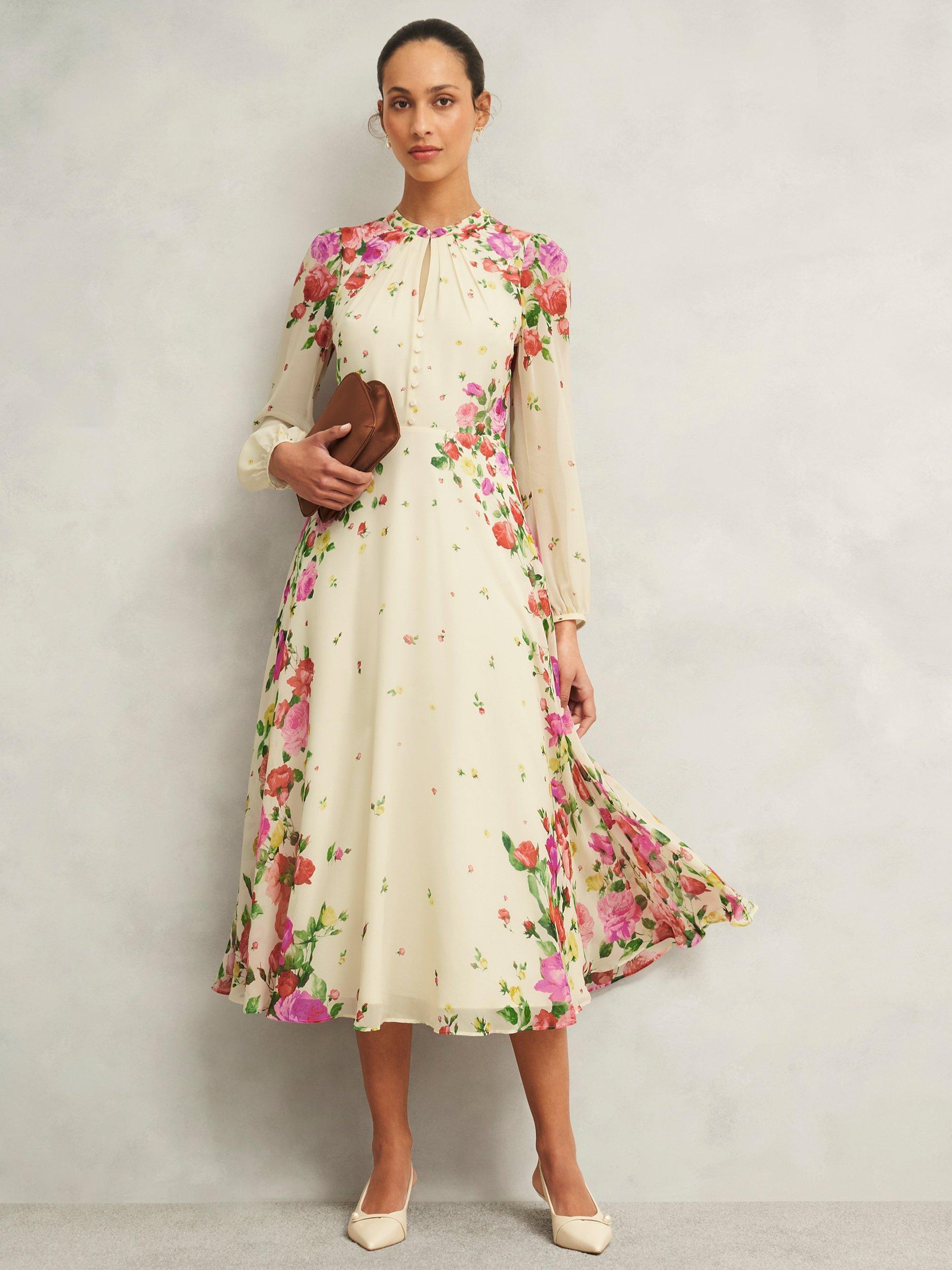 Product image 6 of 6, which shows Hobbs Petite Eva Placement Floral Pure Silk Dress, Cream/Multi, 12