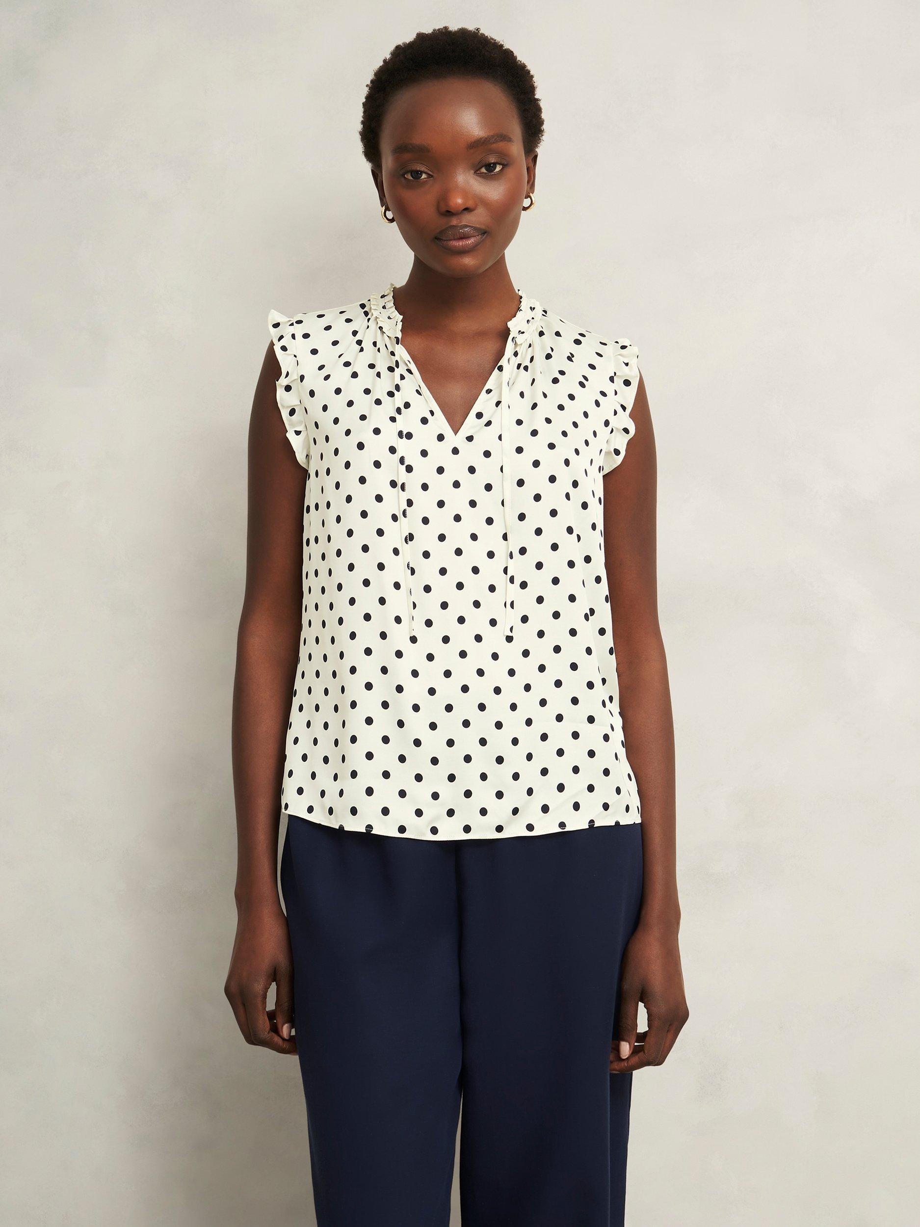 Hobbs Adriel Spot Satin Top, Ivory/Navy