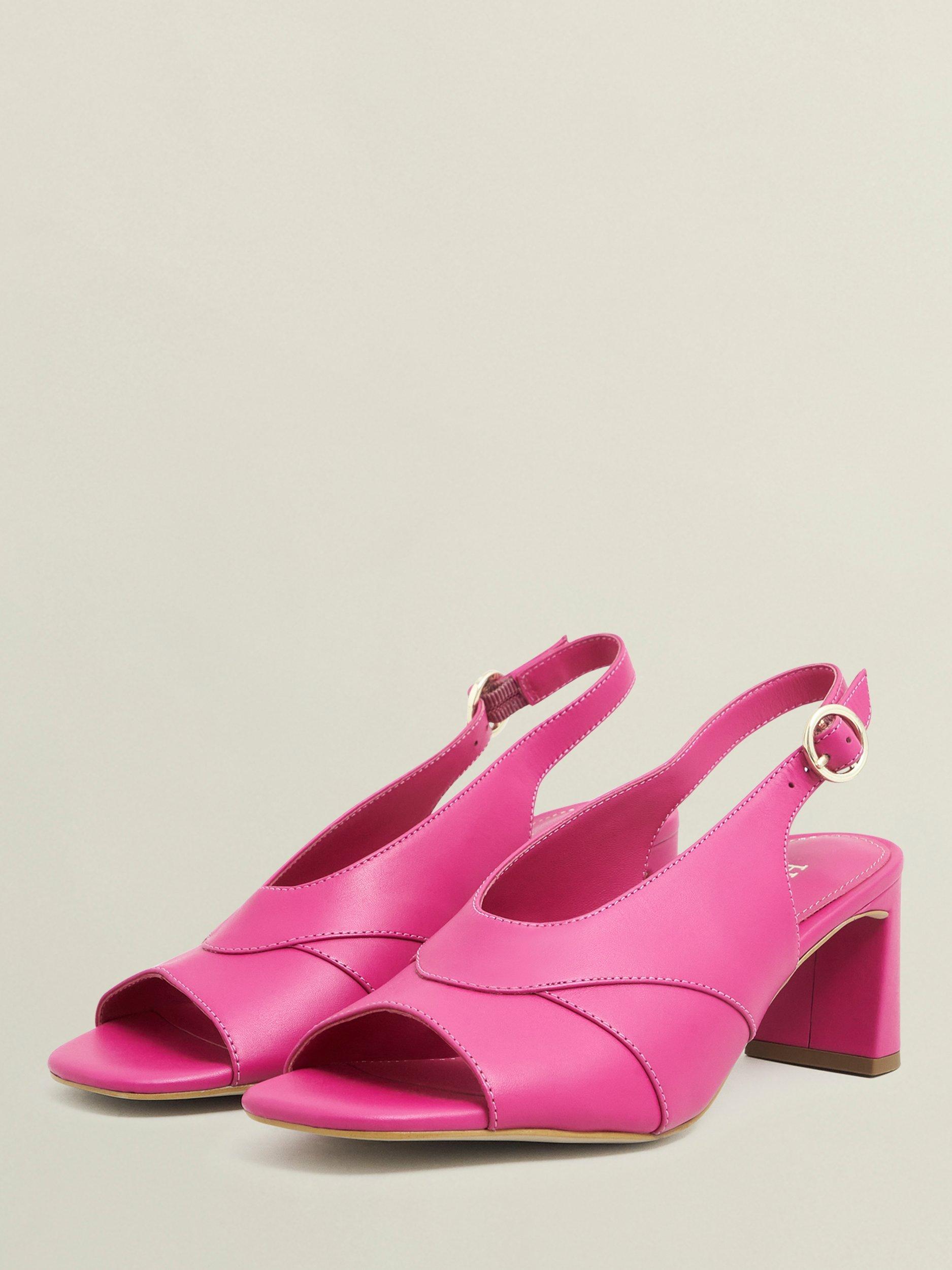 Product image 2 of 6, which shows Hobbs Karina Leather Block Heel Slingback Sandals, Bright Pink, 5