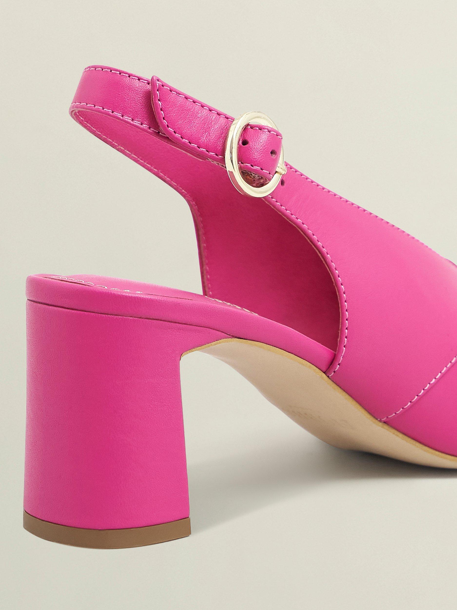 Product image 3 of 6, which shows Hobbs Karina Leather Block Heel Slingback Sandals, Bright Pink, 5