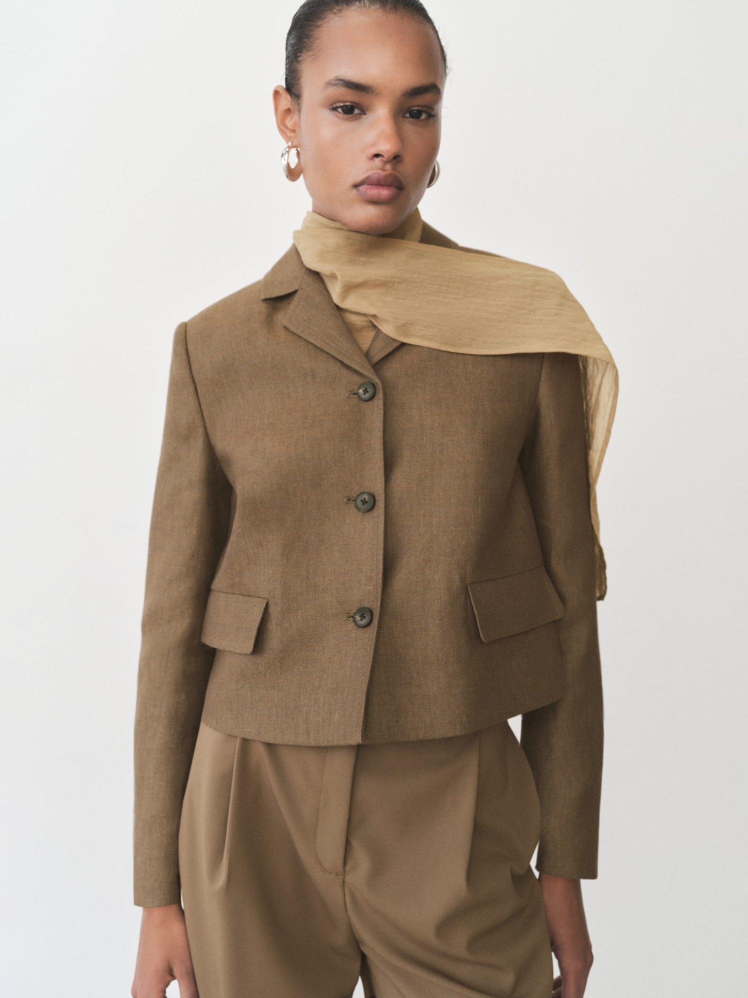 Product image 1 of 7, which shows Mango Puglia Linen Blend Cropped Blazer, Dark Brown, L