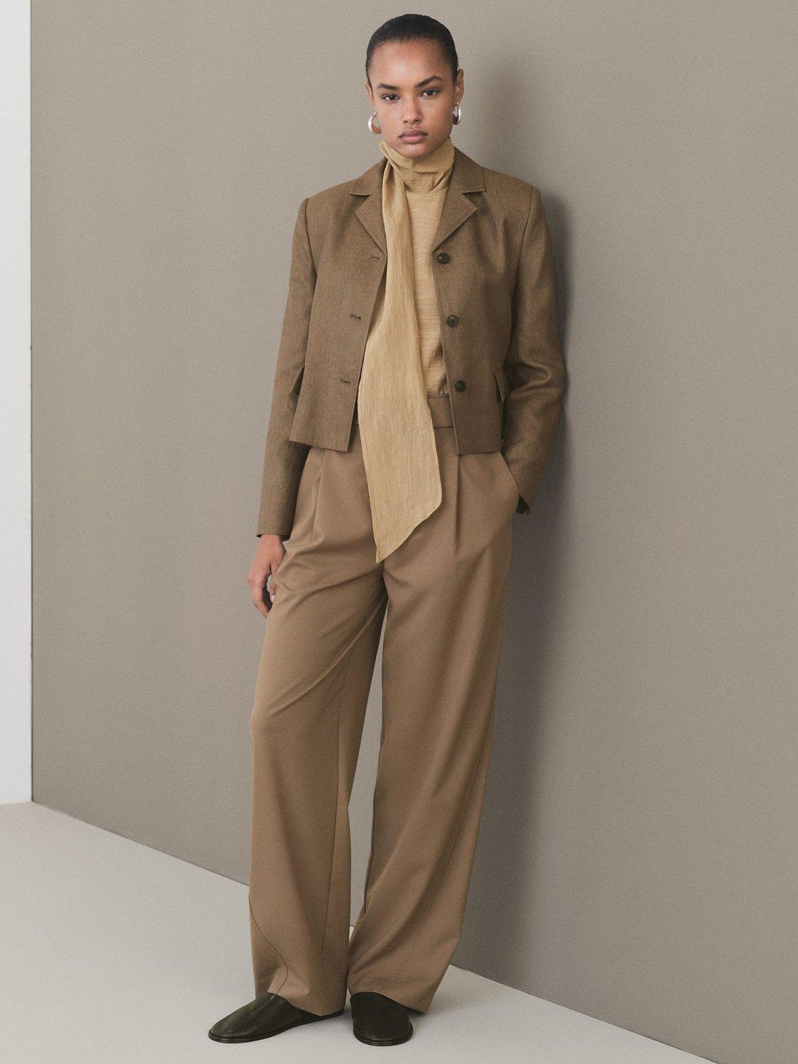 Product image 2 of 7, which shows Mango Puglia Linen Blend Cropped Blazer, Dark Brown, L
