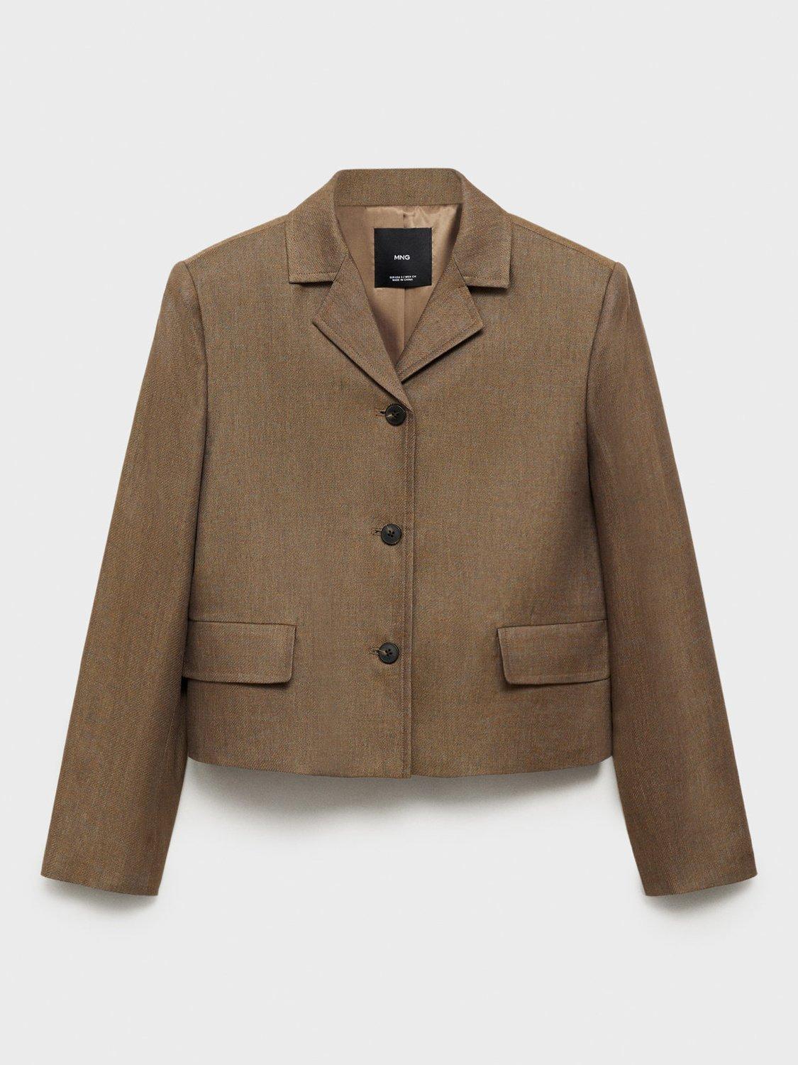 Product image 3 of 7, which shows Mango Puglia Linen Blend Cropped Blazer, Dark Brown, L