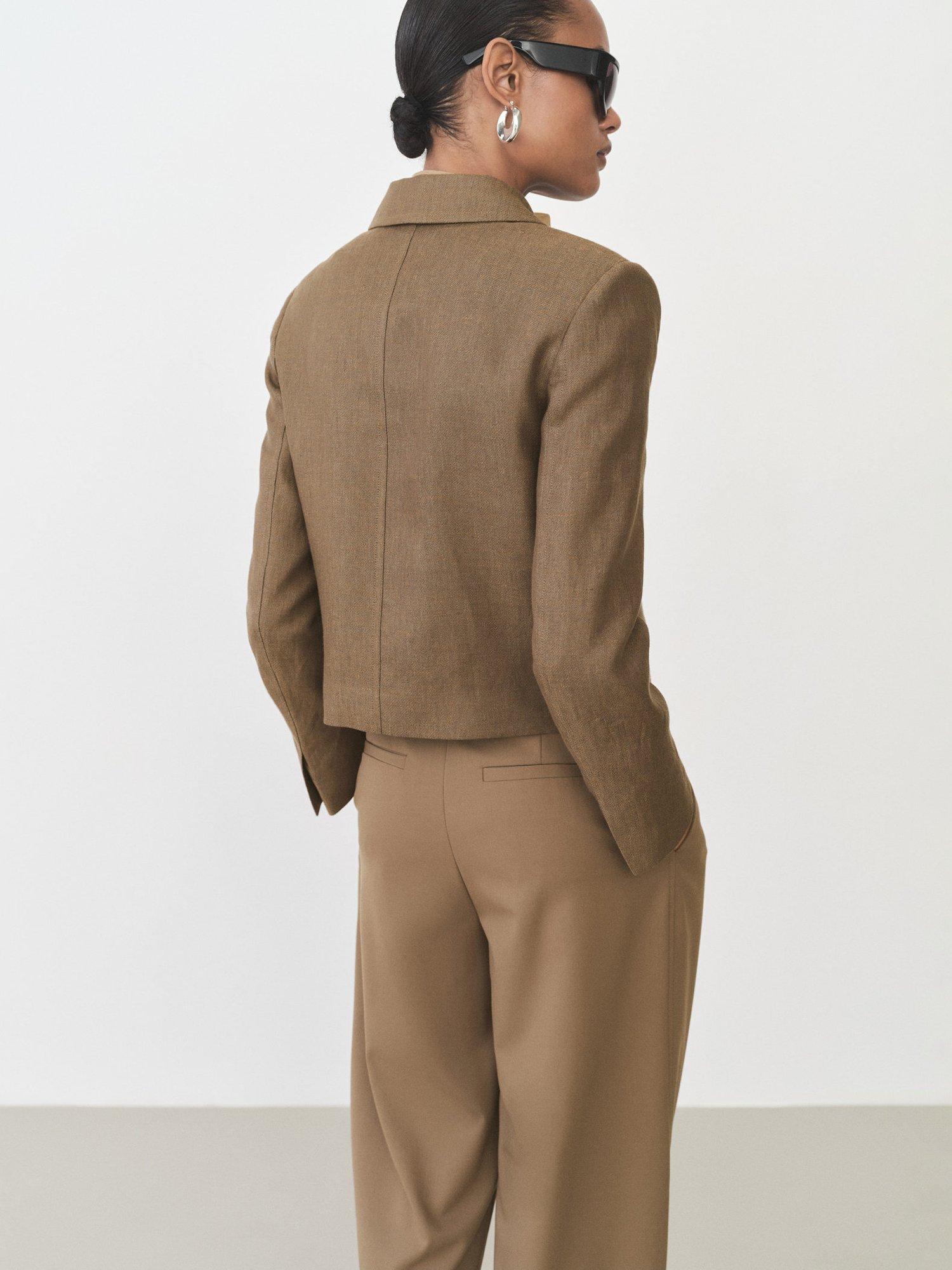 Product image 4 of 7, which shows Mango Puglia Linen Blend Cropped Blazer, Dark Brown, L