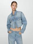 Mango Amaia Cropped Denim Jacket, Mid Blue