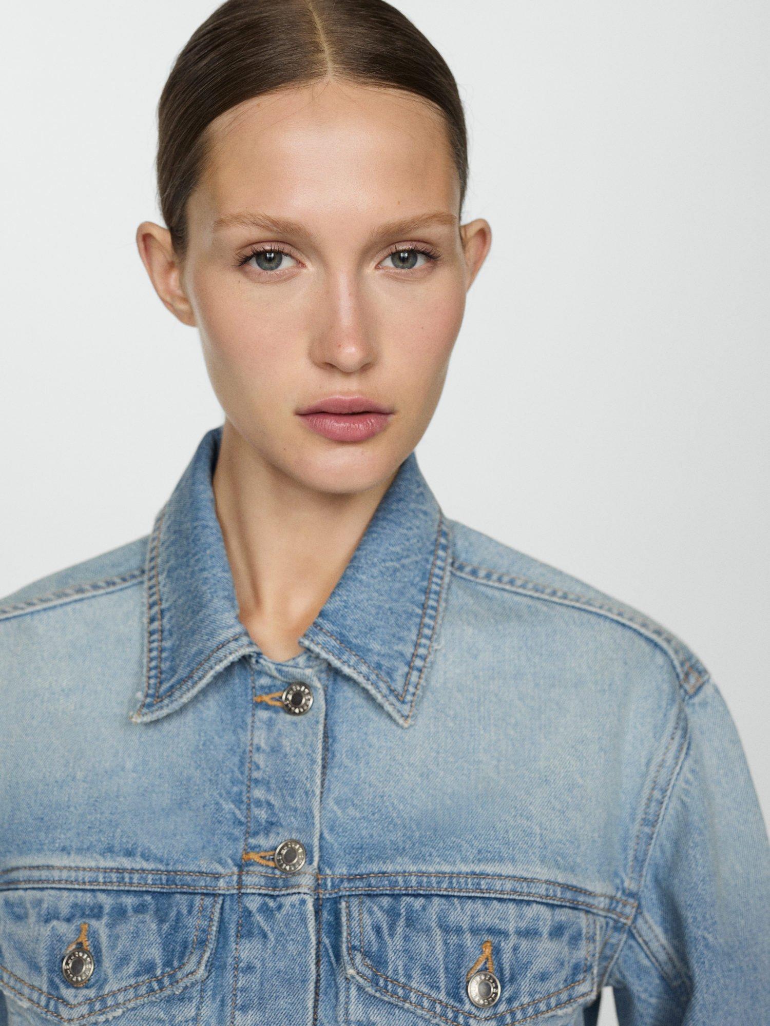 Product image 4 of 9, which shows Mango Amaia Cropped Denim Jacket, Mid Blue, L