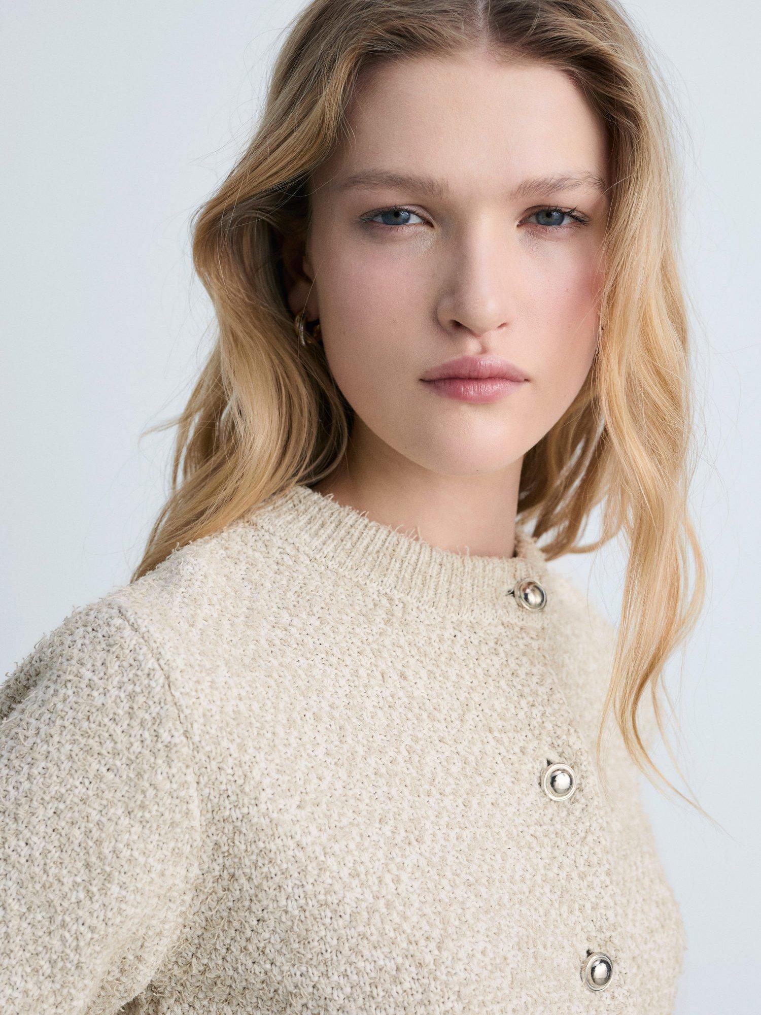 Product image 4 of 9, which shows Mango Ojitos Knitted Cardigan, Beige, XXS