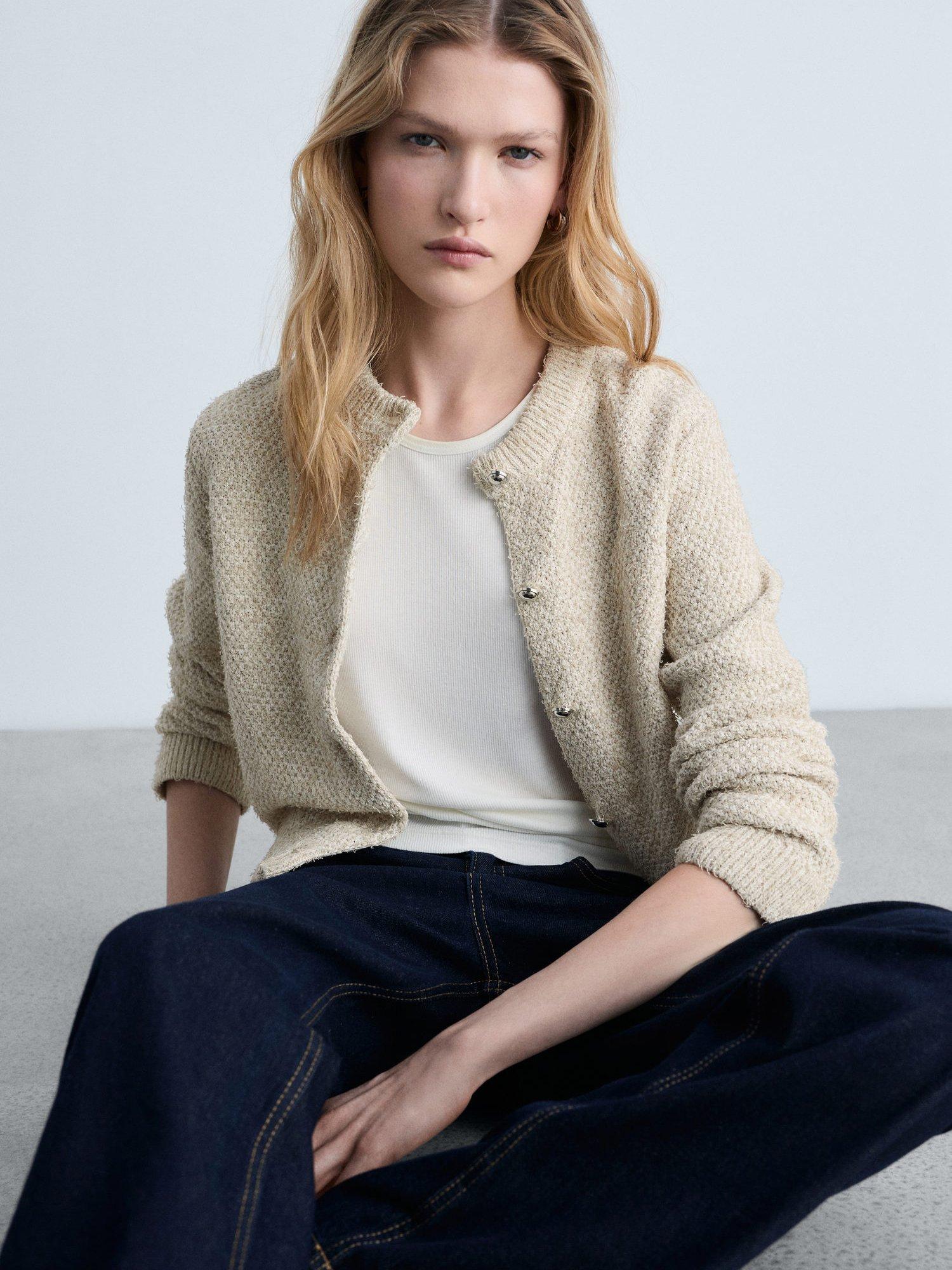 Product image 7 of 9, which shows Mango Ojitos Knitted Cardigan, Beige, XXS