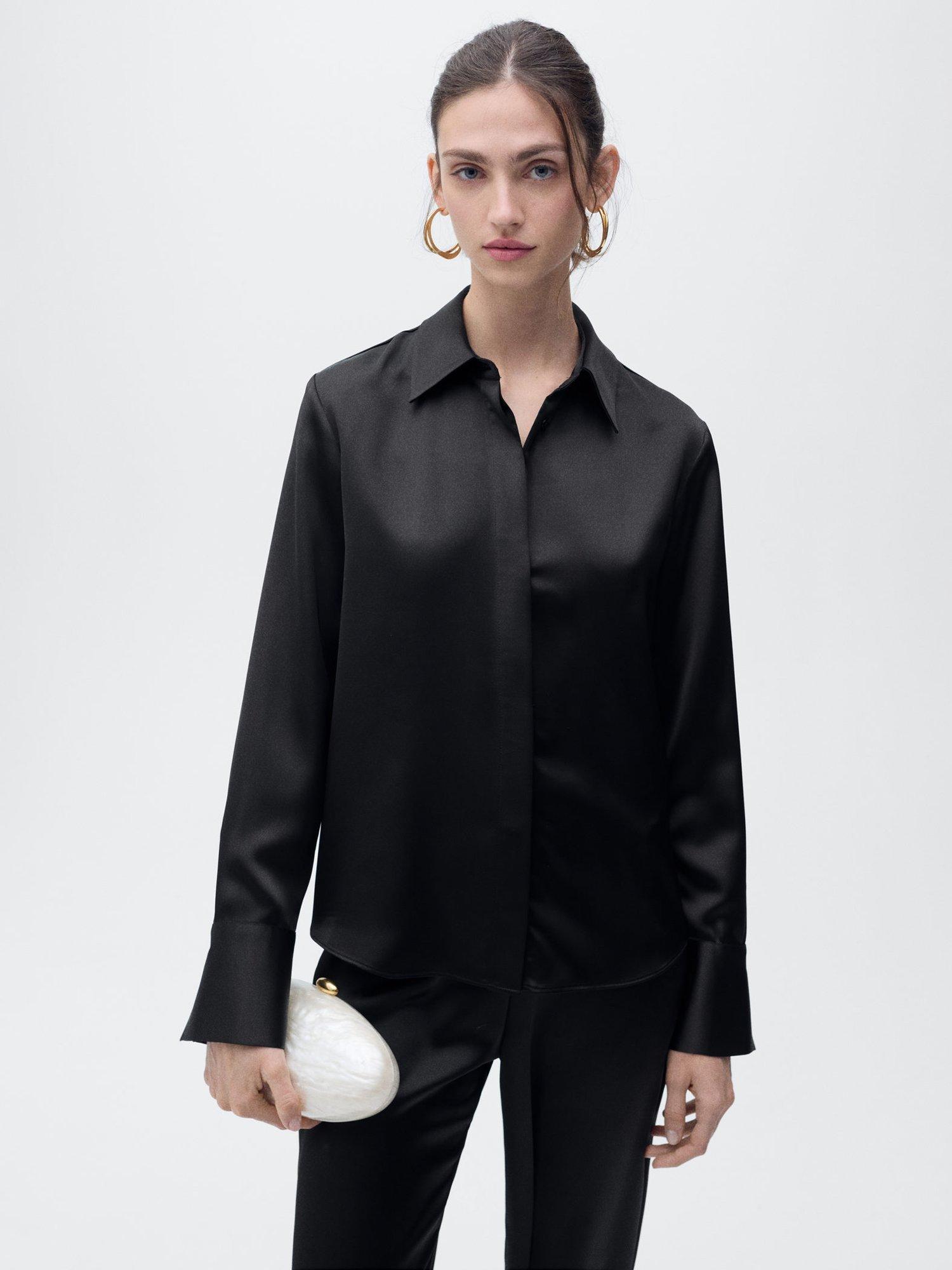 Product image 1 of 8, which shows Mango Goldin Satin Shirt, Black, 6