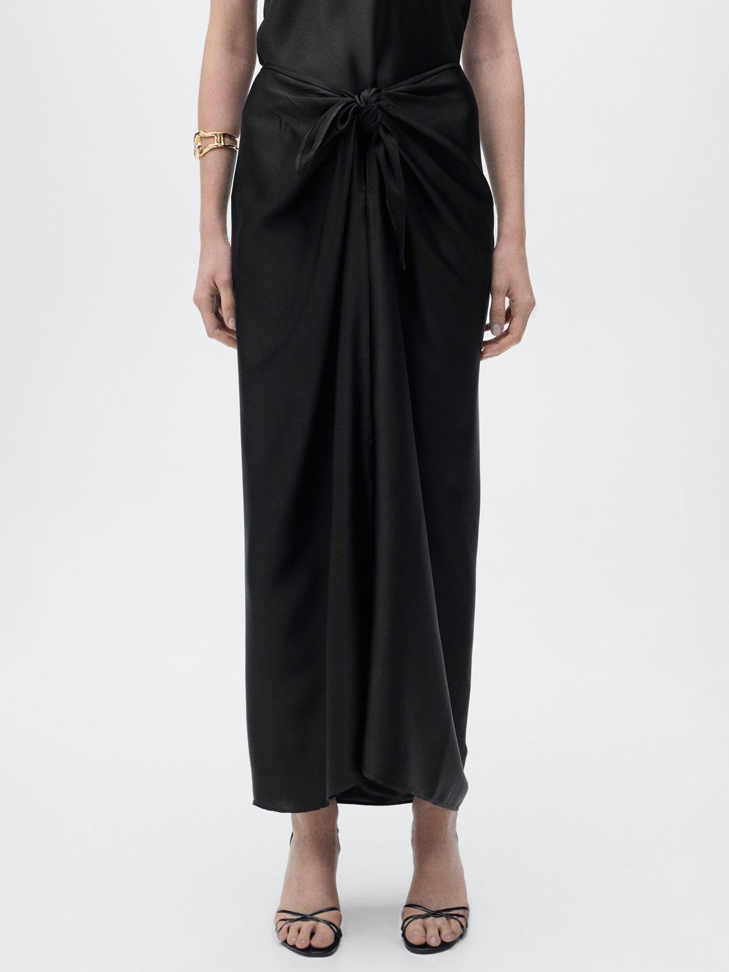 Product image 1 of 7, which shows Mango Goldi Satin Knot Tie Maxi Skirt, Black, S