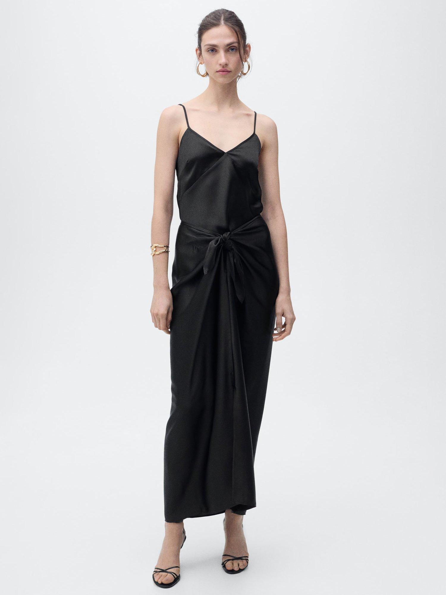 Product image 2 of 7, which shows Mango Goldi Satin Knot Tie Maxi Skirt, Black, S