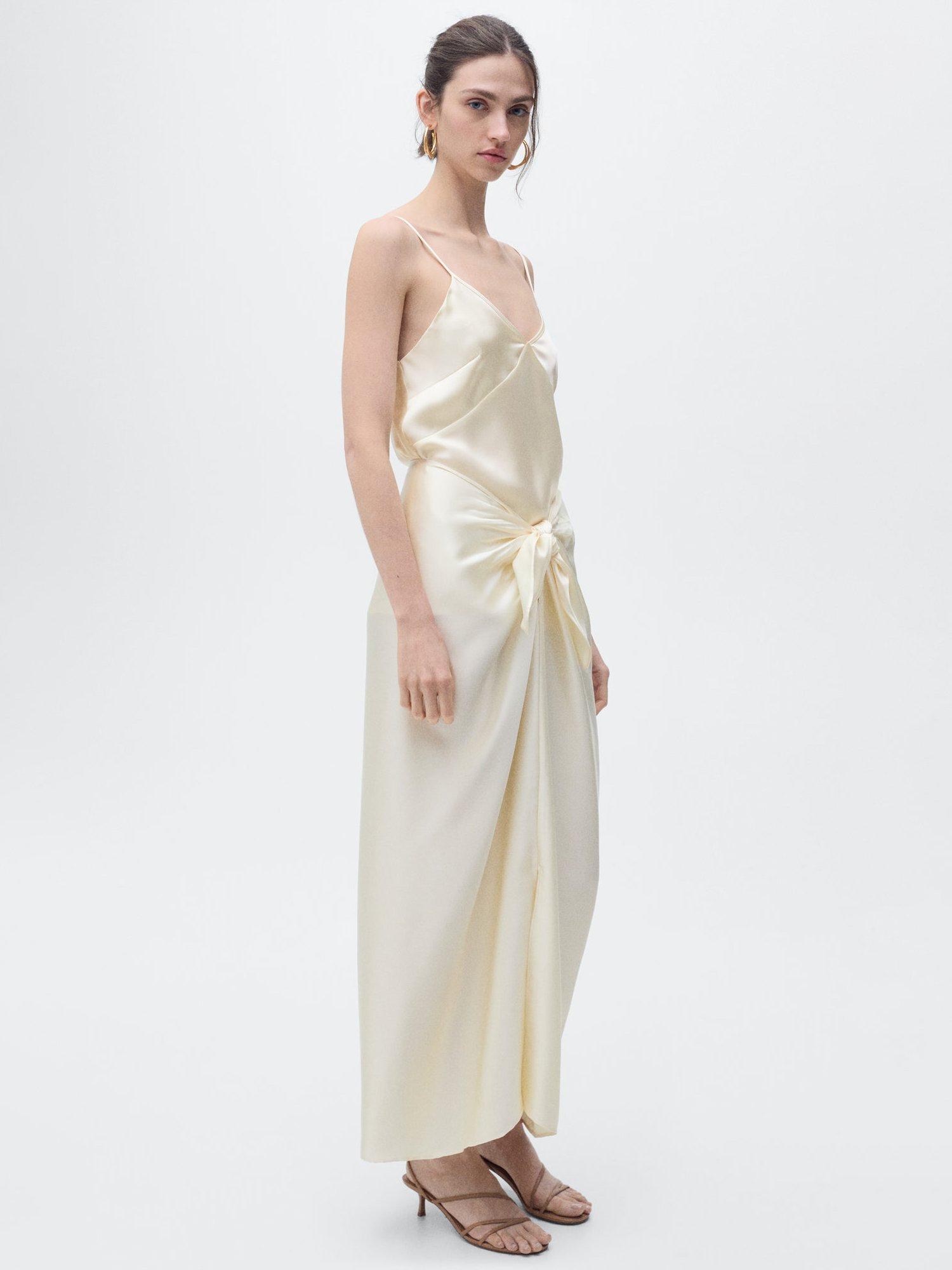 Product image 2 of 8, which shows Mango Goldi Satin Knot Tie Maxi Skirt, Light Beige, S
