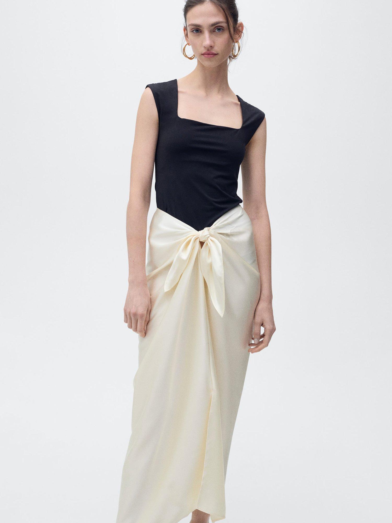 Product image 6 of 8, which shows Mango Goldi Satin Knot Tie Maxi Skirt, Light Beige, S