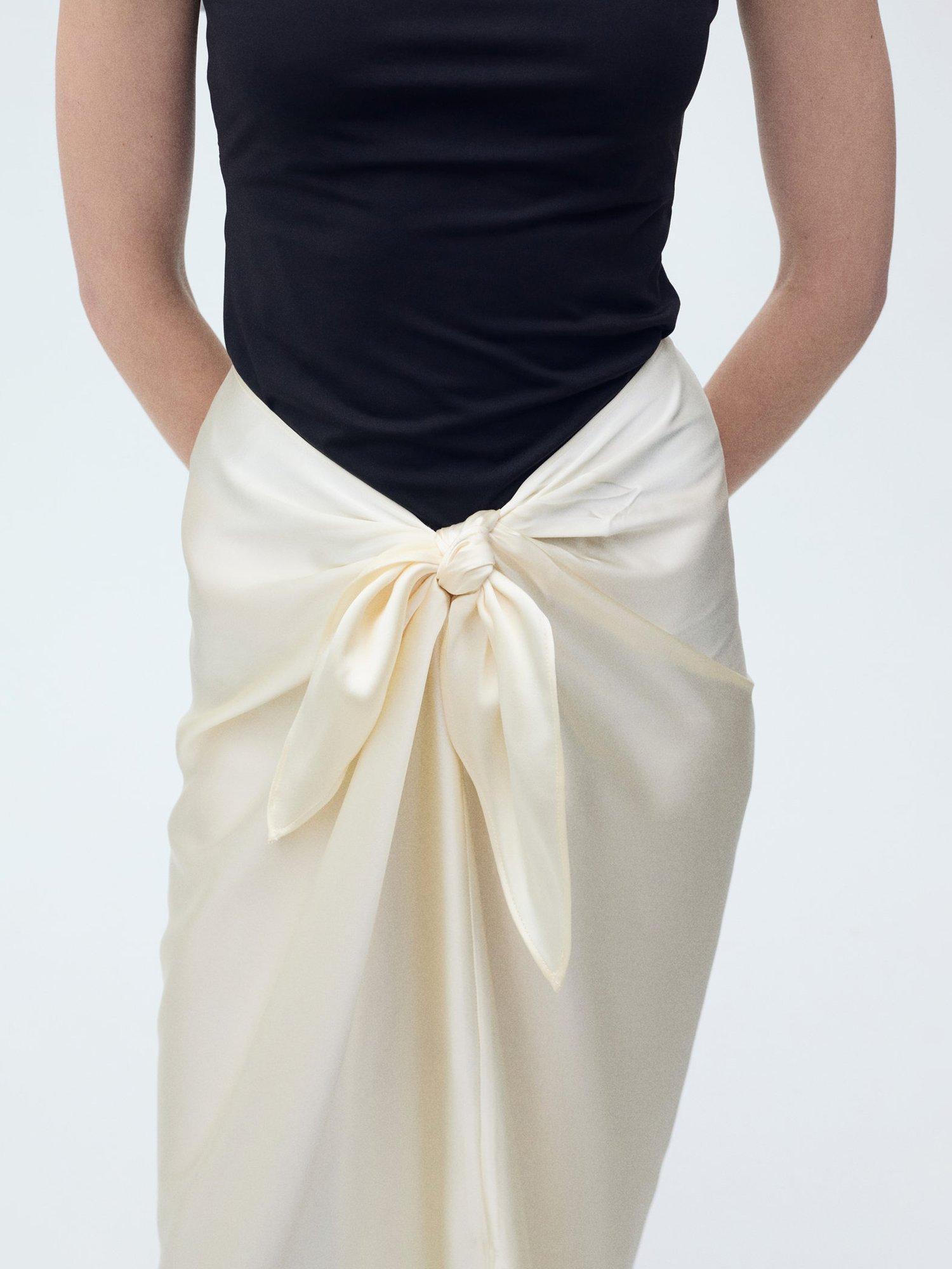 Product image 7 of 8, which shows Mango Goldi Satin Knot Tie Maxi Skirt, Light Beige, S