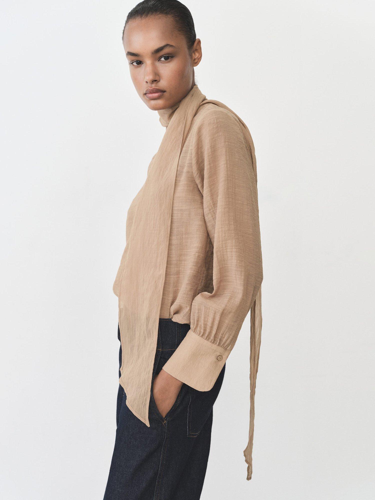 Product image 1 of 8, which shows Mango Textured Tie Neck Blouse, Brown, 10