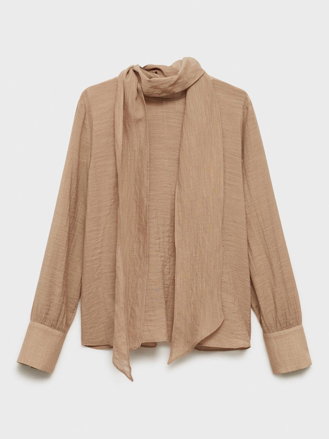 Product image 3 of 8, which shows Mango Textured Tie Neck Blouse, Brown, 10