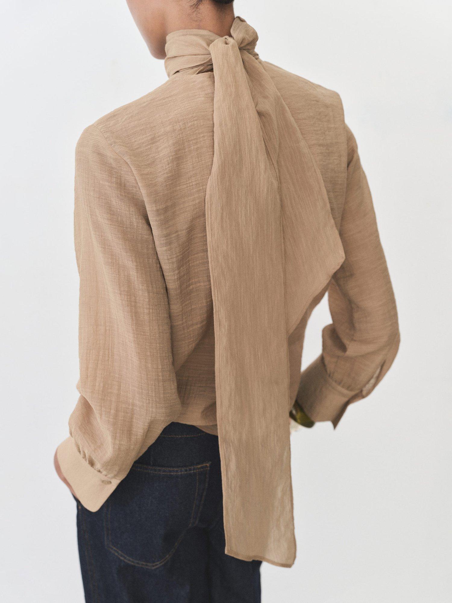 Product image 4 of 8, which shows Mango Textured Tie Neck Blouse, Brown, 10