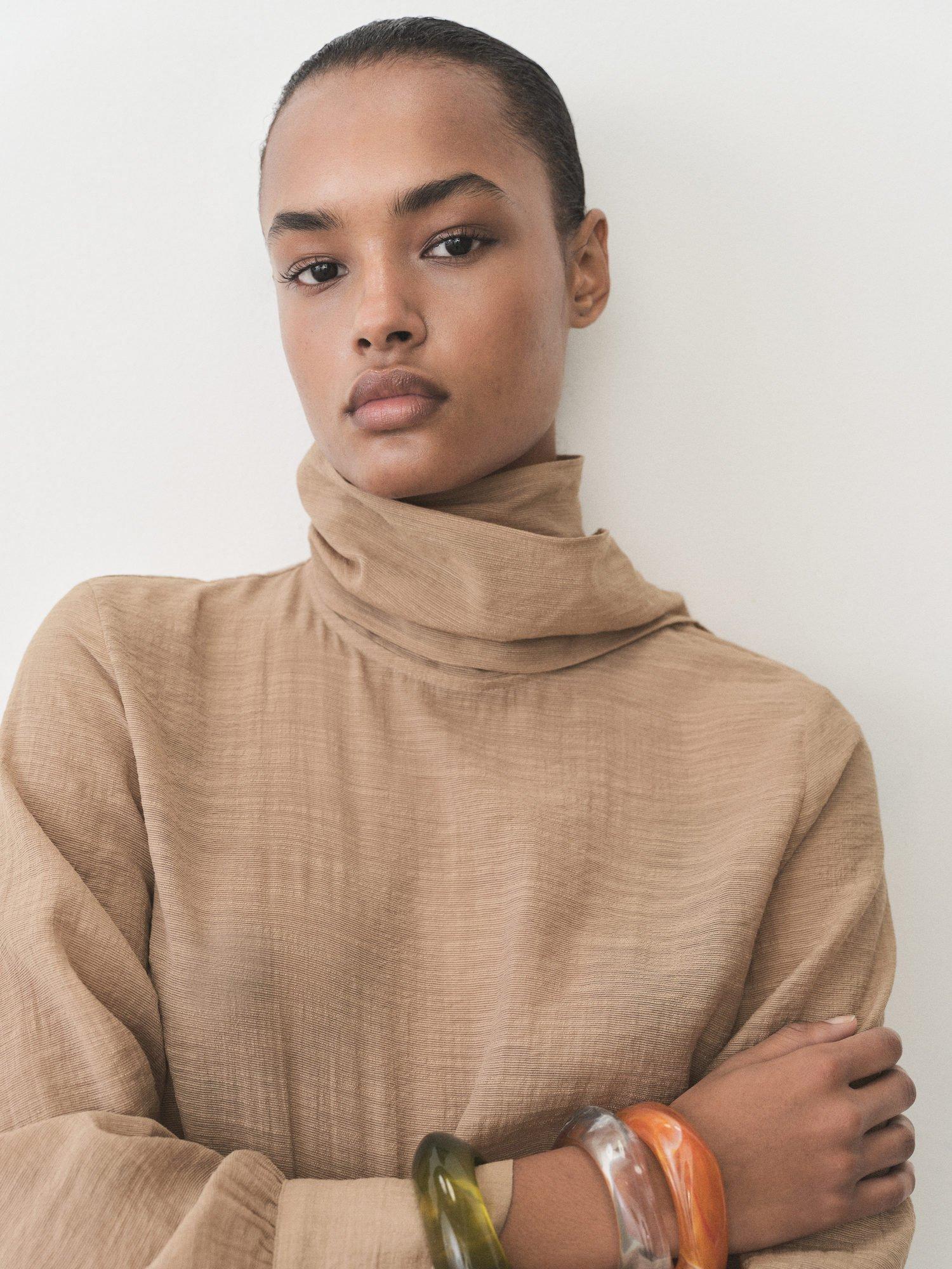 Product image 6 of 8, which shows Mango Textured Tie Neck Blouse, Brown, 10