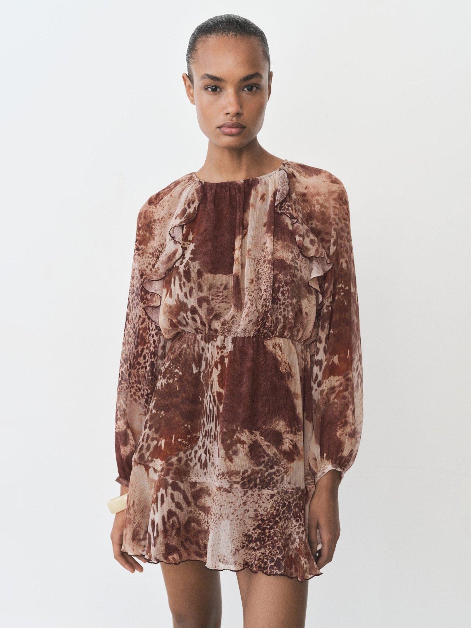 Product image 1 of 7, which shows Mango Butcher Long Sleeved Animal Print Dress, Brown, 10