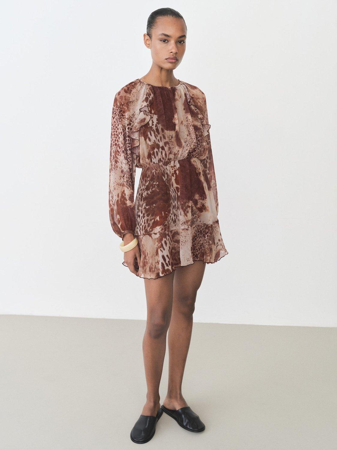 Product image 2 of 7, which shows Mango Butcher Long Sleeved Animal Print Dress, Brown, 10